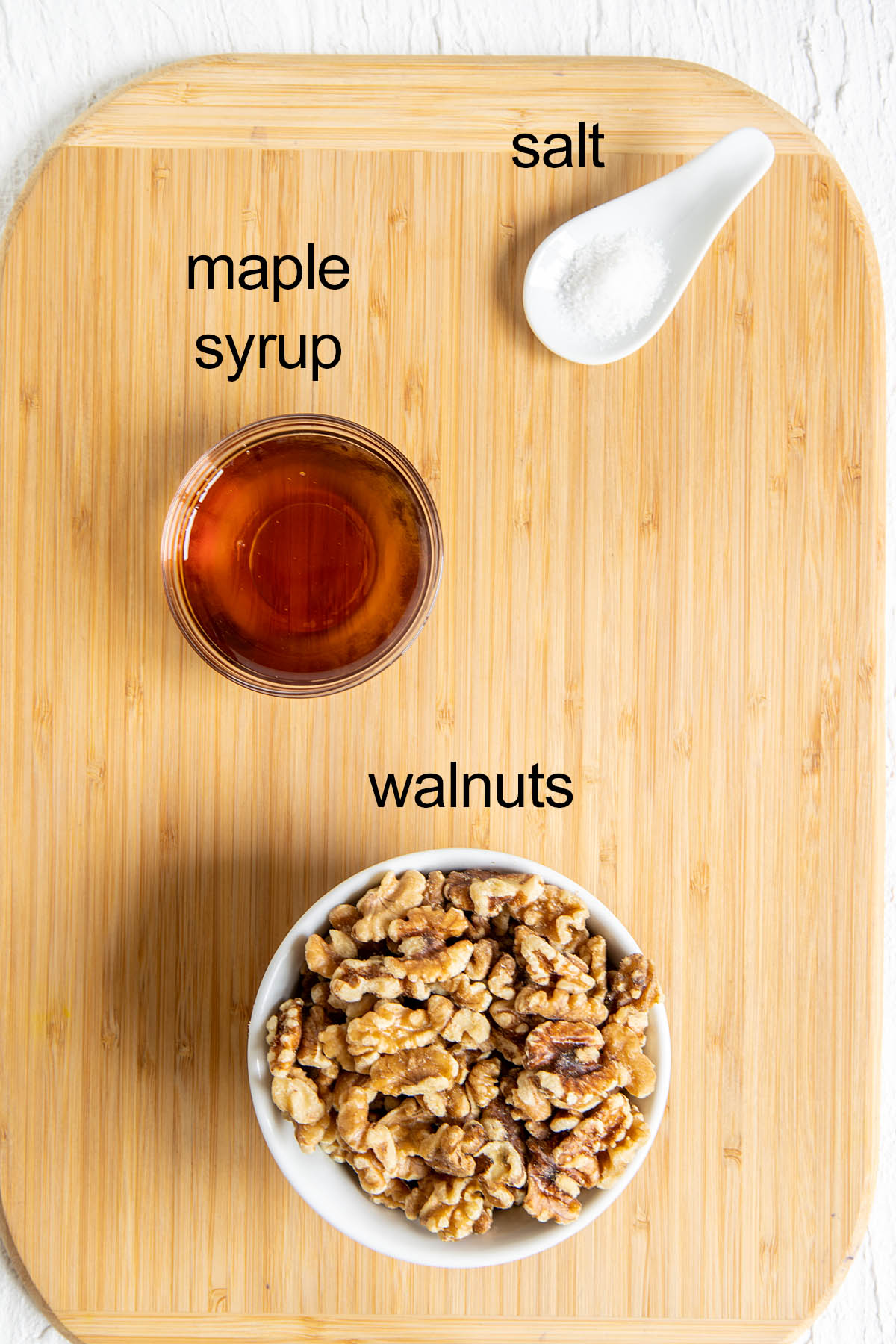 Ingredients on a cutting board with labels.