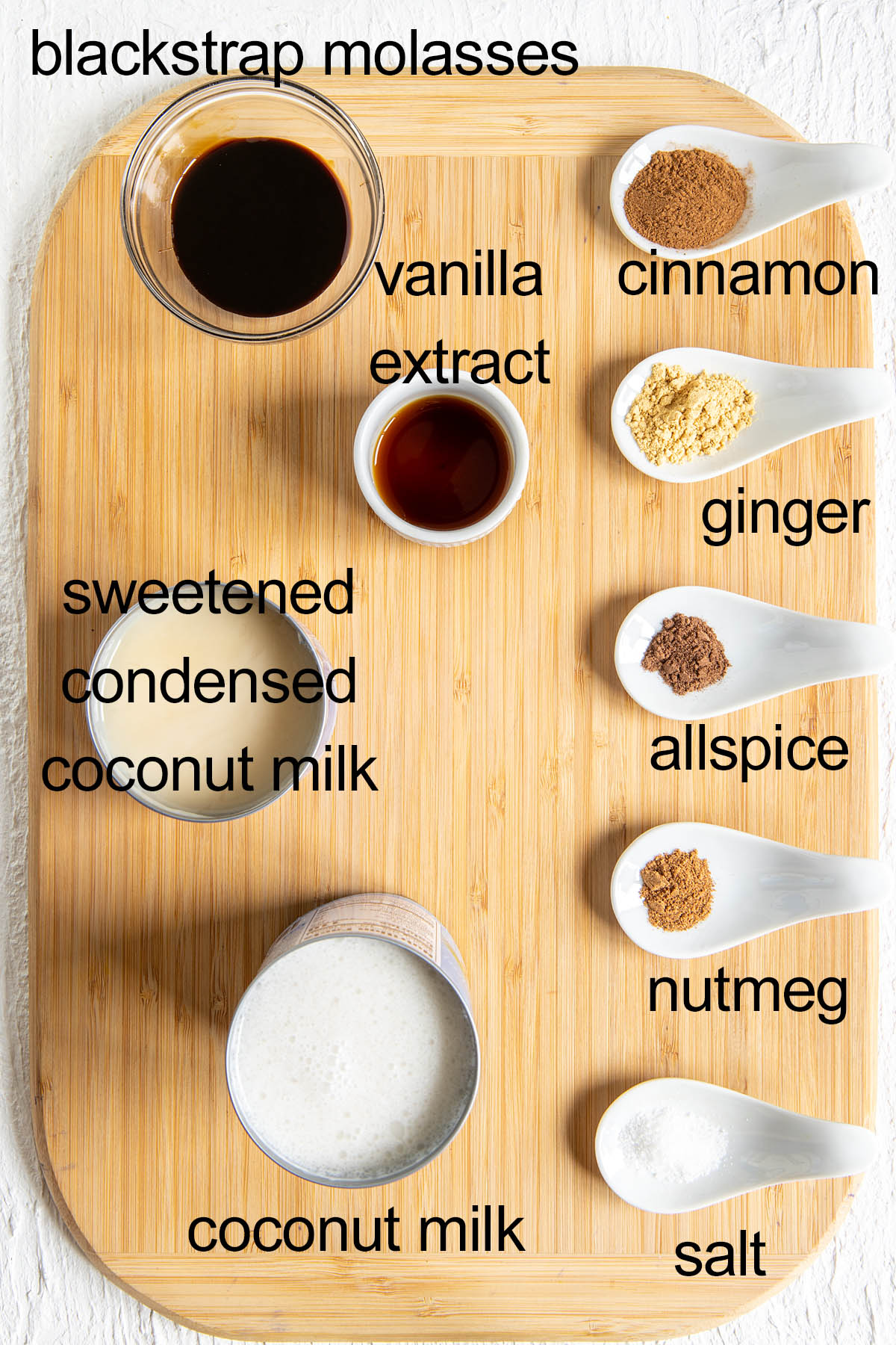 Ingredients on a cutting board with labels.