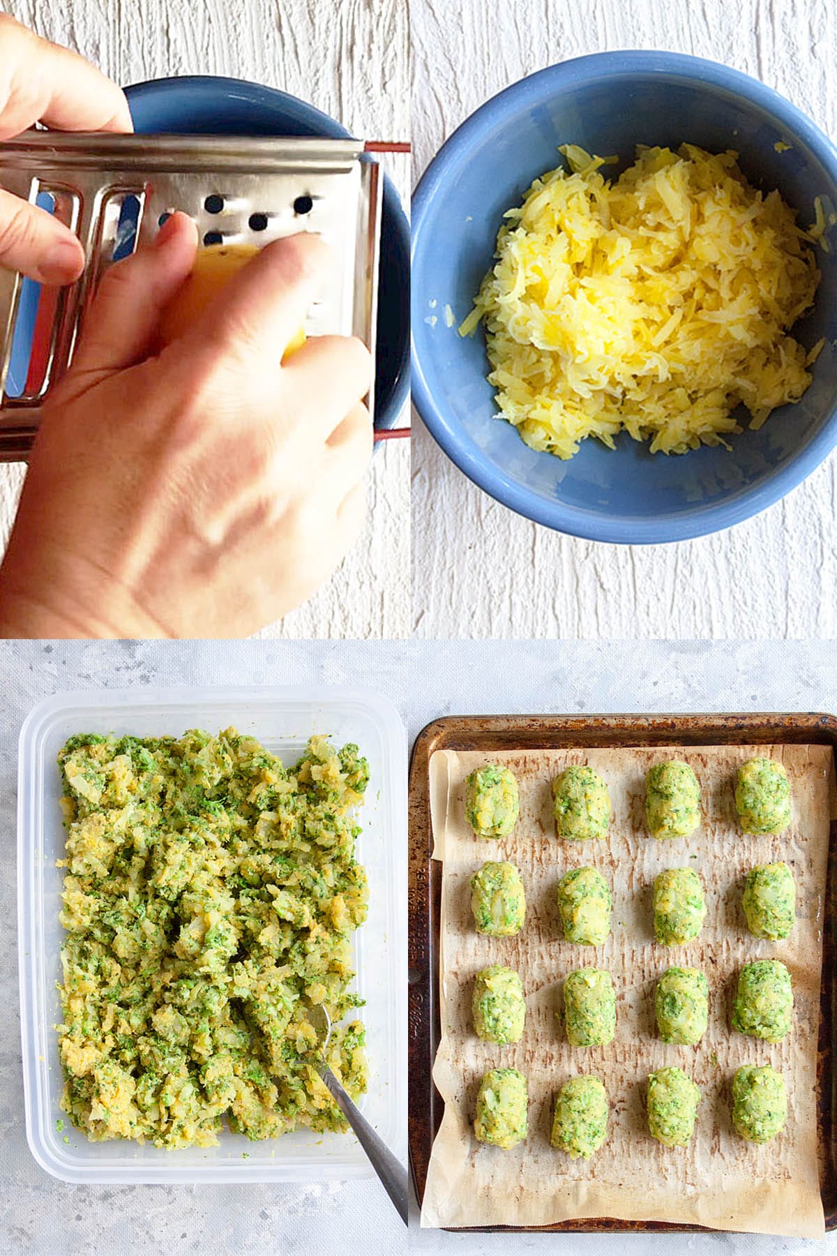 Photos showing process of broccoli tots being made.