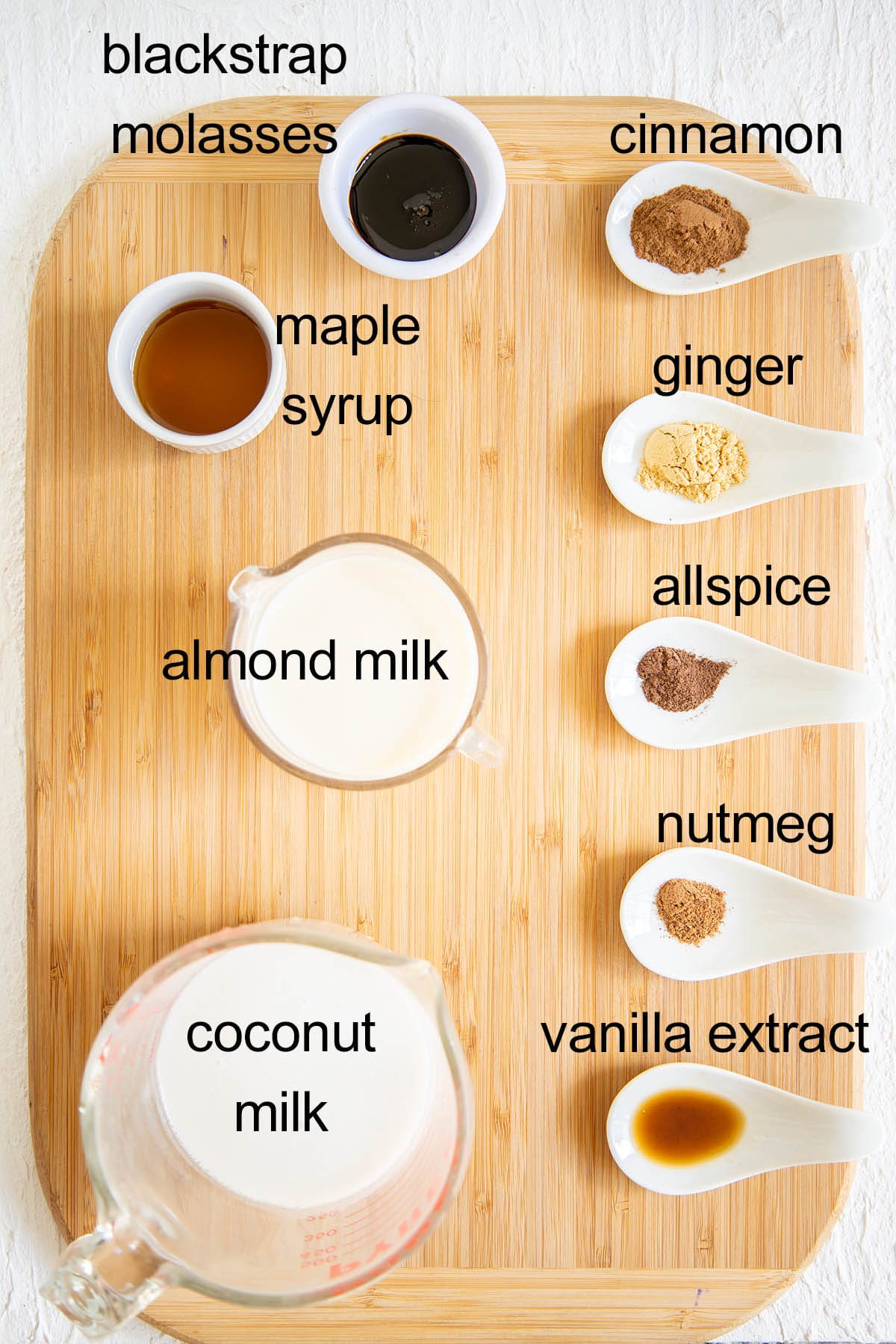 Ingredients on a cutting board with labels.