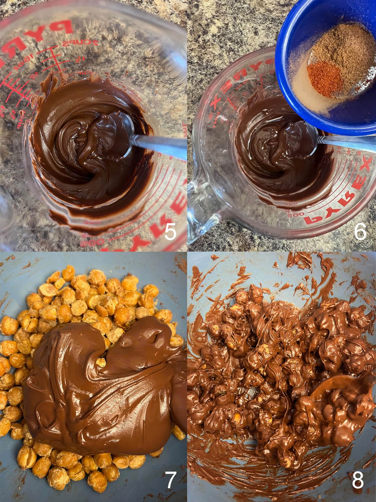 Process of dark chocolate chips being melted and getting spices. Roasted chickpeas being combined with dark chocolate. 