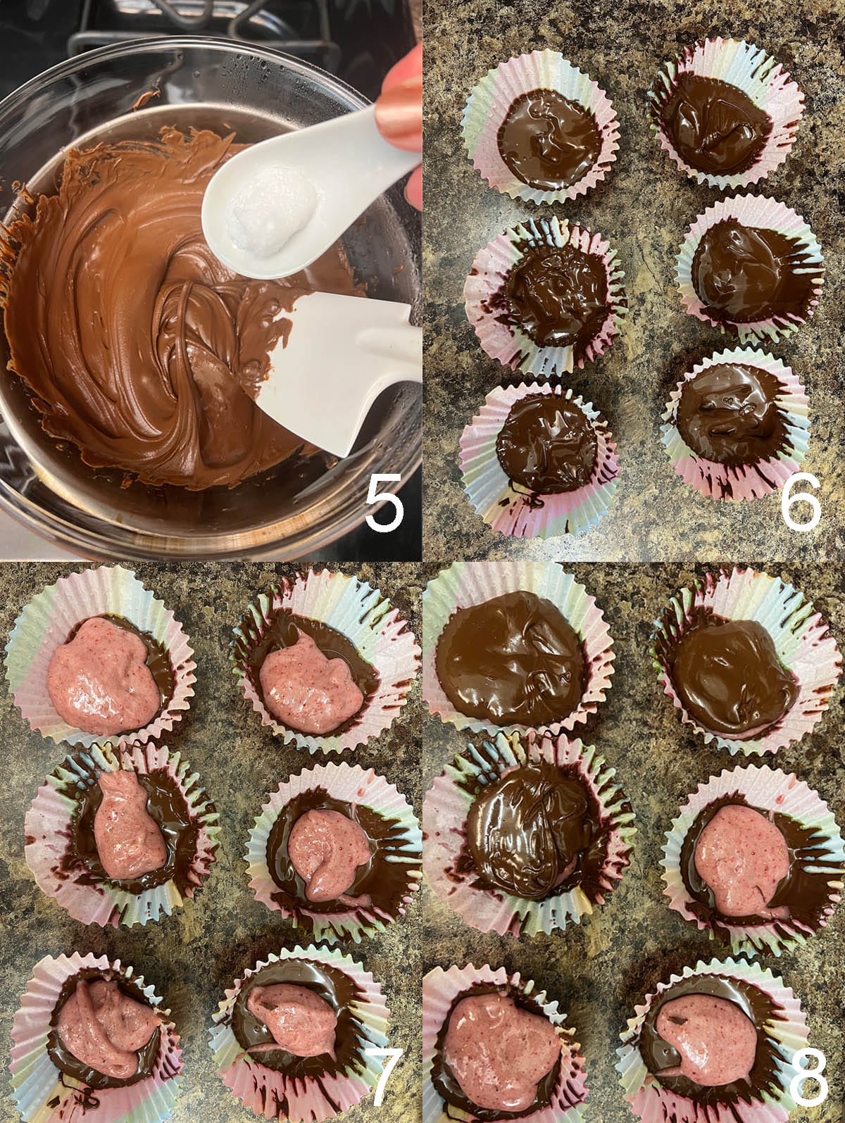 Melted chocolate in a bowl above saucepan, then filled in cupcake liners. Strawberry filling added, then chocolate poured on top.