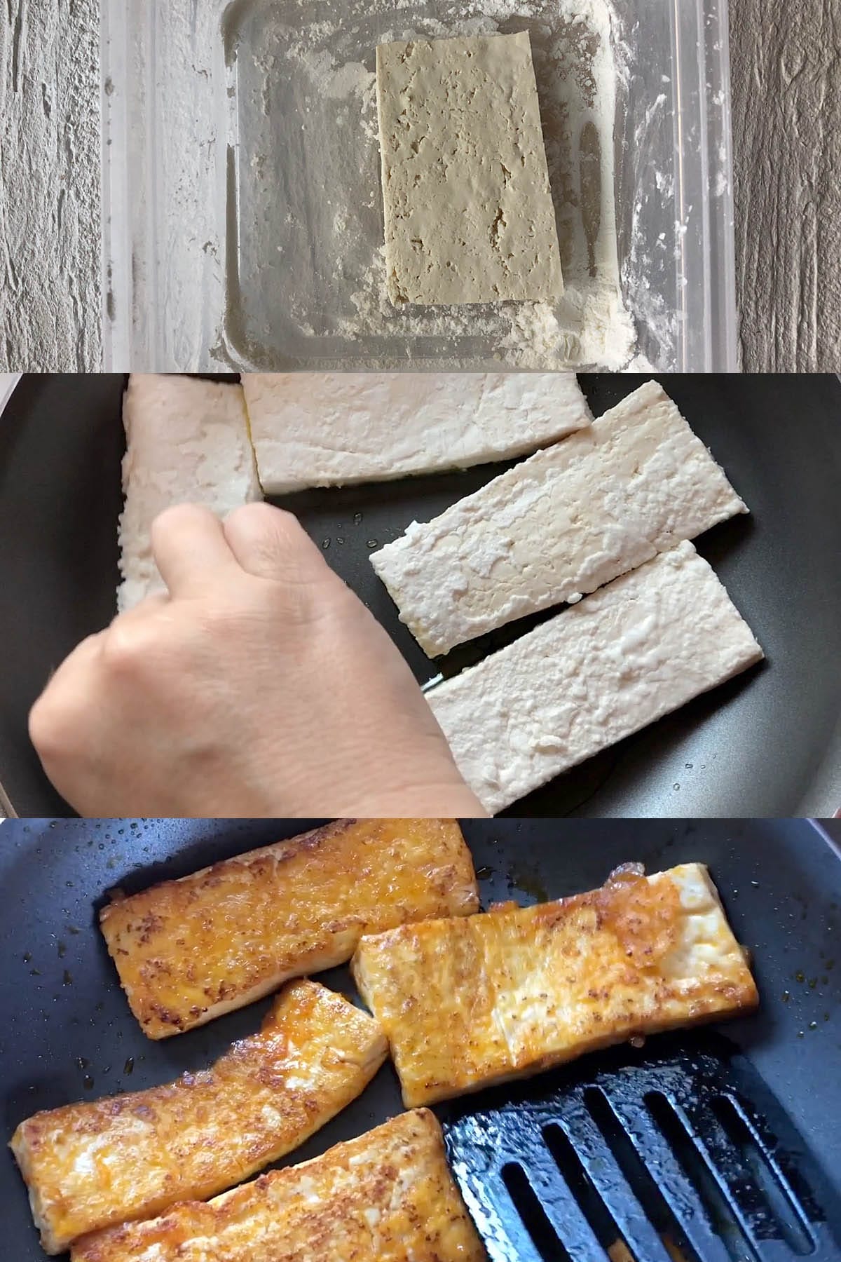 Collage photo showing tofu in corn starch, then fried, then hot sauce added to the pan with the tofu and fried.