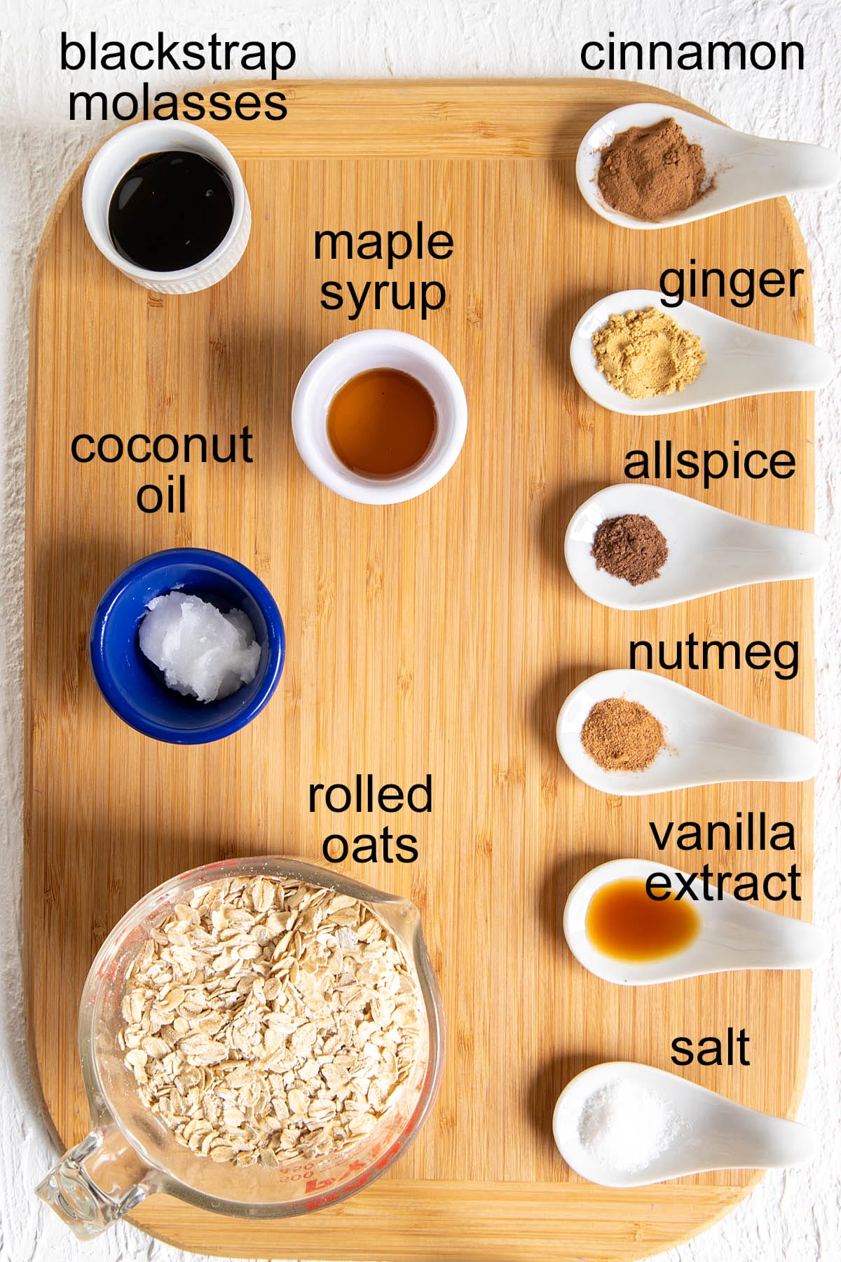 Ingredients on a cutting board with labels.