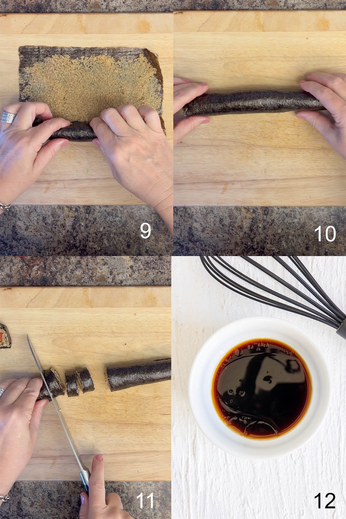 Collage photo showing sushi being rolled, then sauce mixed in a small bowl with whisk.