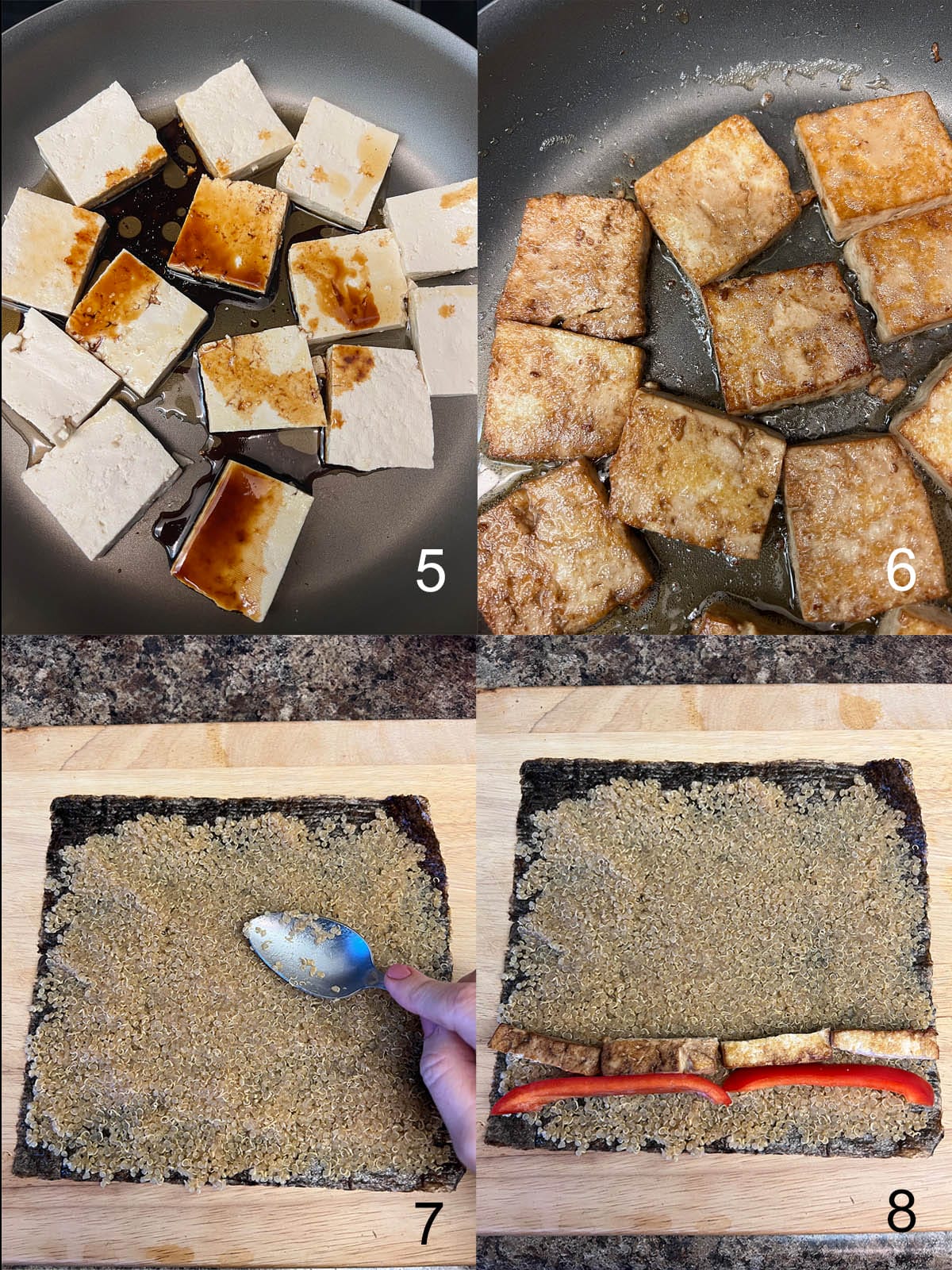 Collage photo of tofu added to a pan with tamari and sesame oil, then being fried in a pan.  Quinoa laid out on a nori sheet, then layered with tofu and red pepper strips.