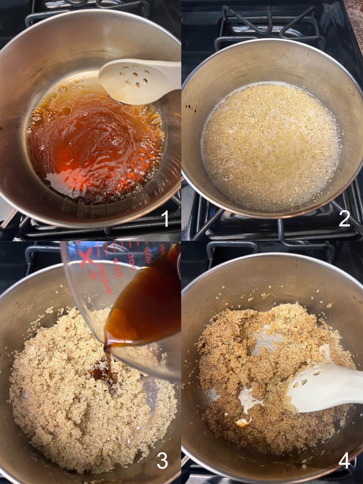 Process of quinoa being made in a pot.
