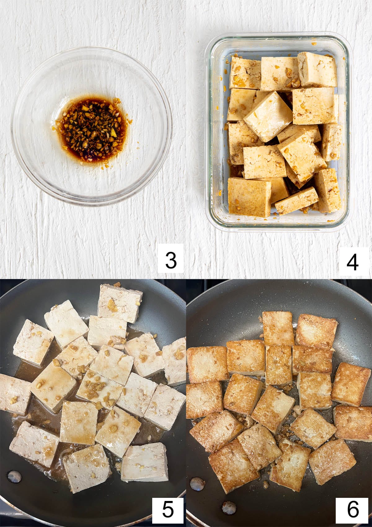 Collage photo of tofu marinade in a bowl, then covering tofu. Next tofu in a skillet before and after frying.