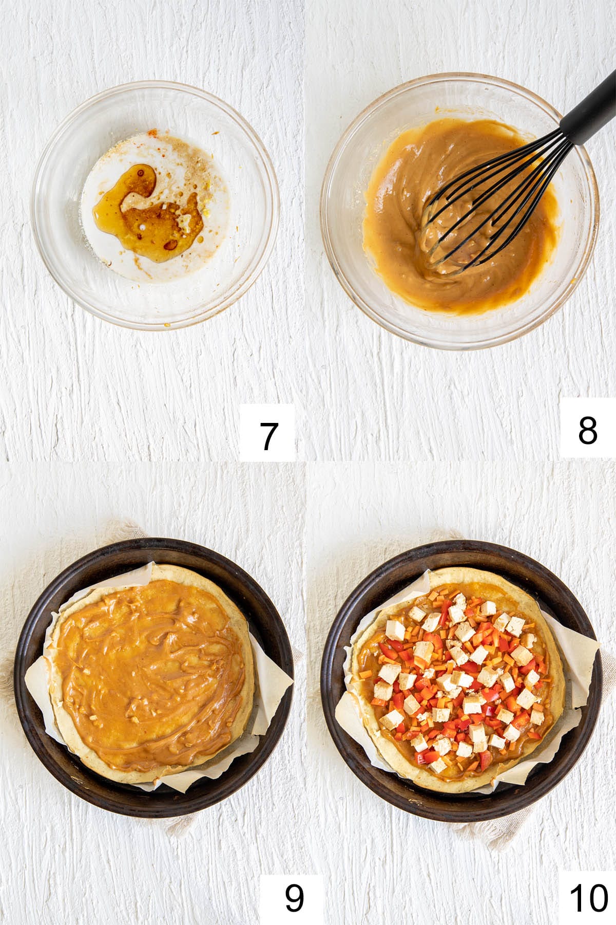 Collage photo of peanut sauce in a mixing bowl before and after mixing. Pizza crust in a pan with peanut sauce and then with the rest of the toppings.