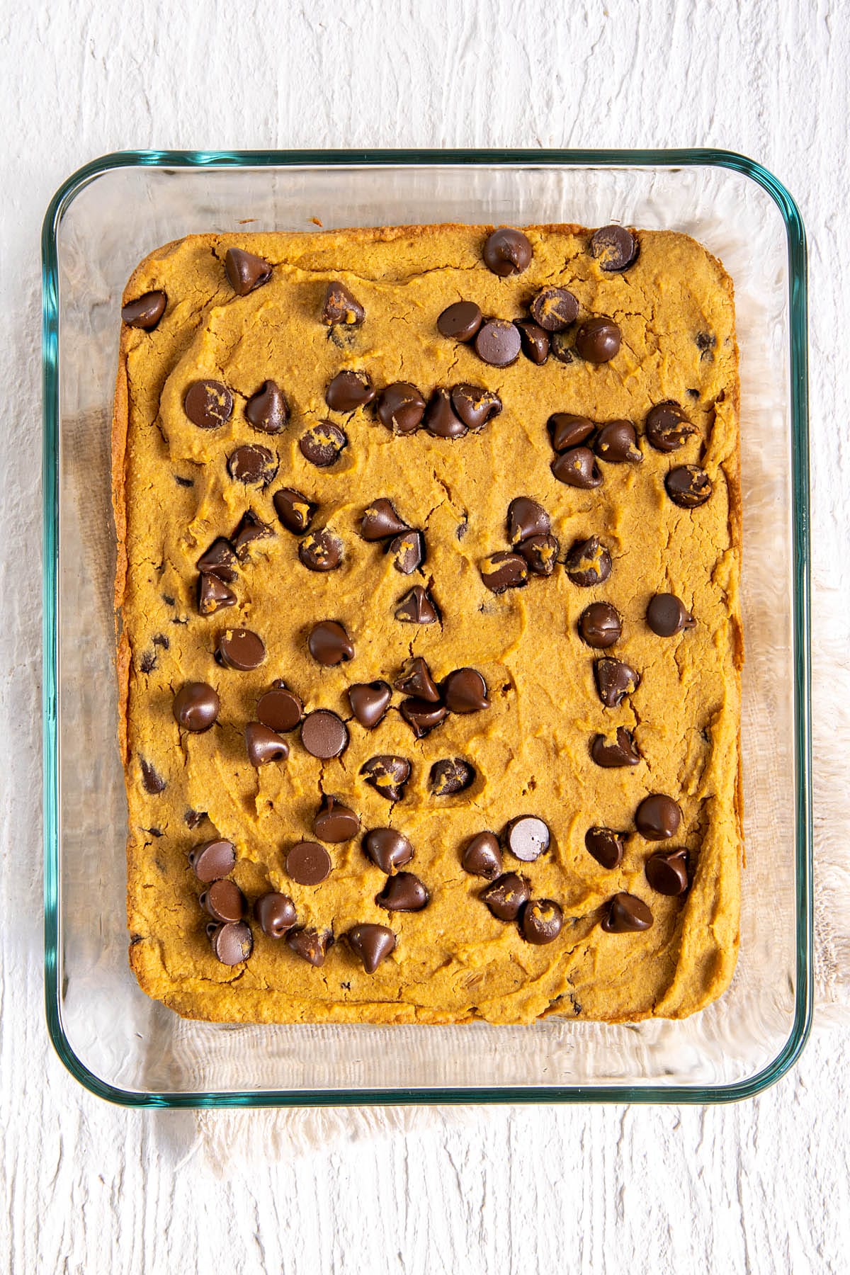 Pumpkin Chickpea Blondies in a baking dish after baking.