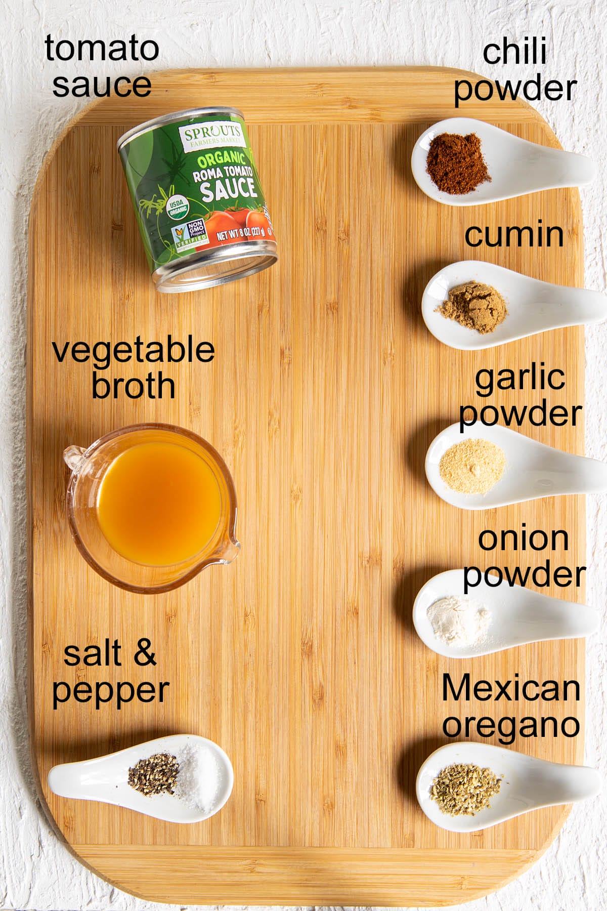 Enchilada sauce ingredients on a cutting board with labels.