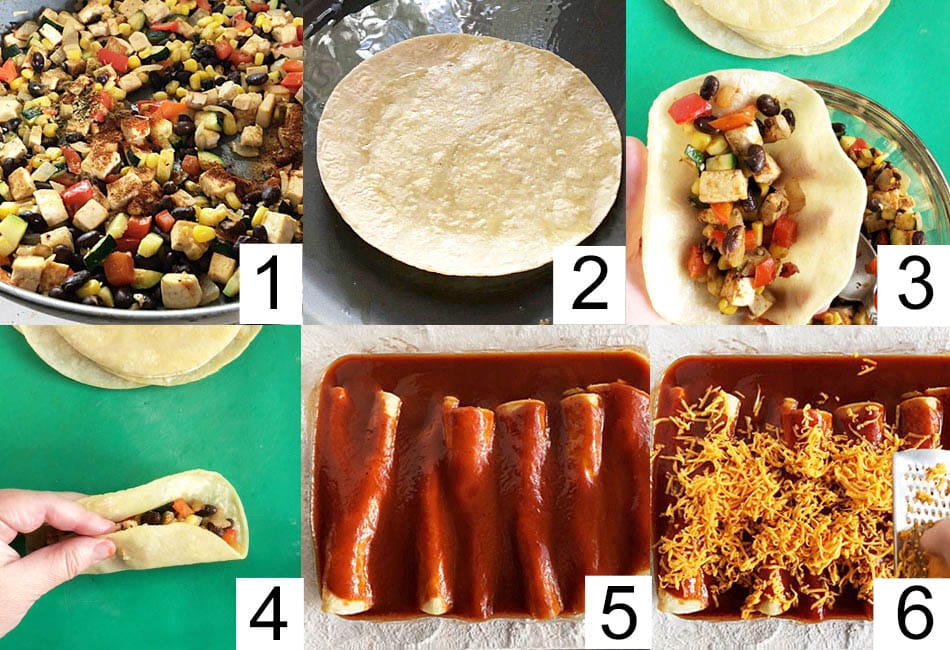 Collage photo with enchilada filling  in a skillet, tortilla in a pan, tortilla being filled, then rolled, and then in a baking dish with sauce and vegan cheese.