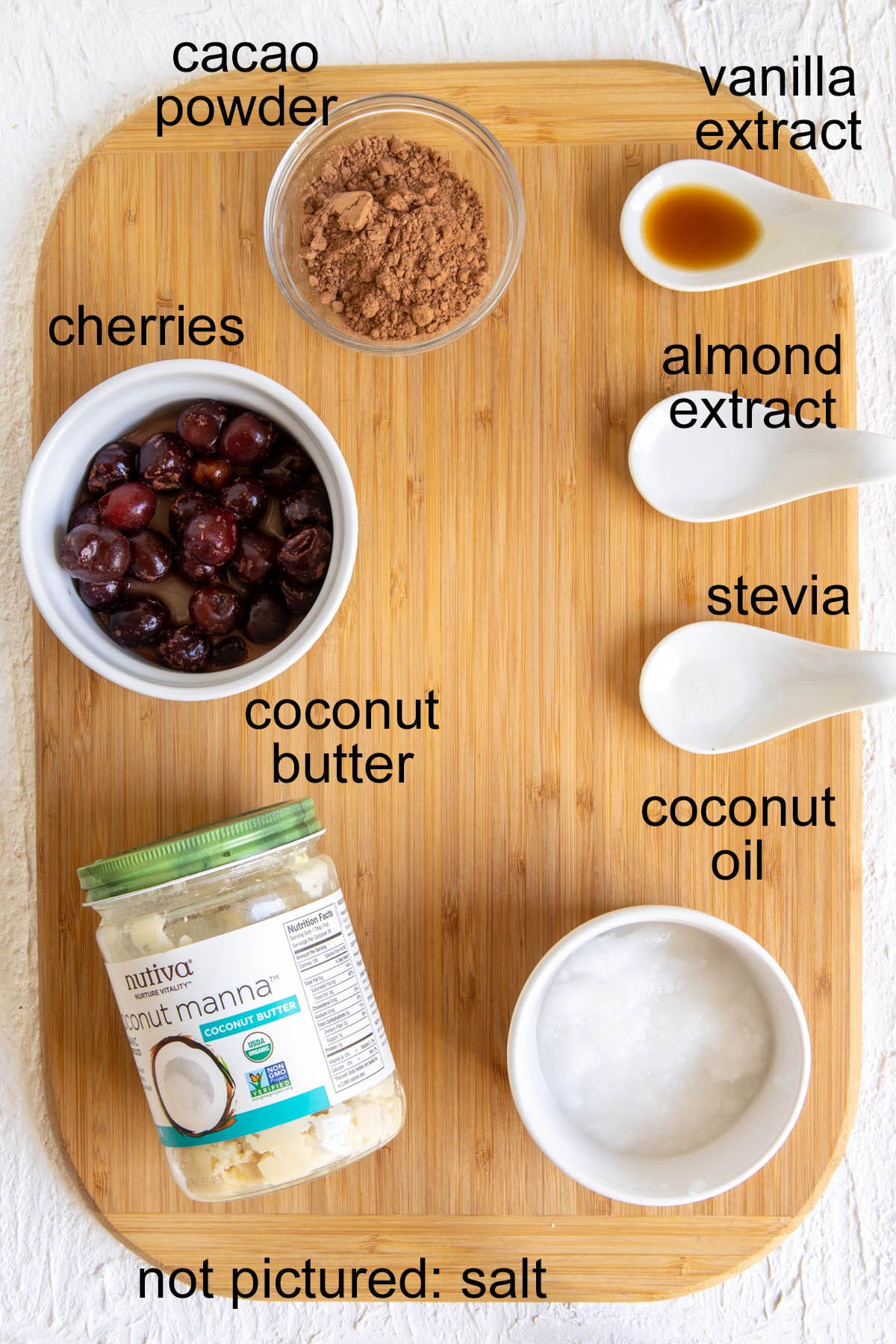 Ingredients on a cutting board with labels.
