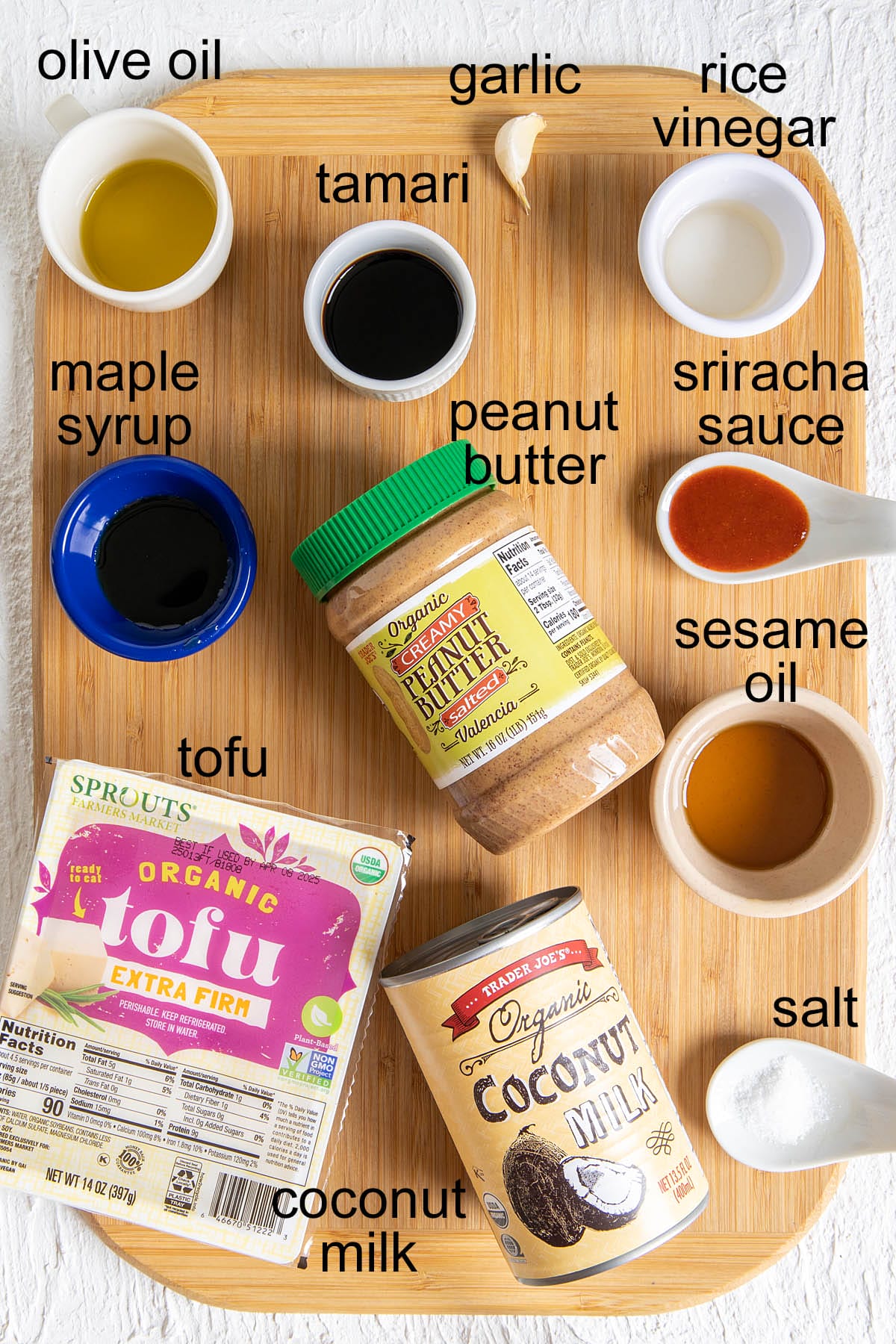 Ingredients on a cutting board with labels.
