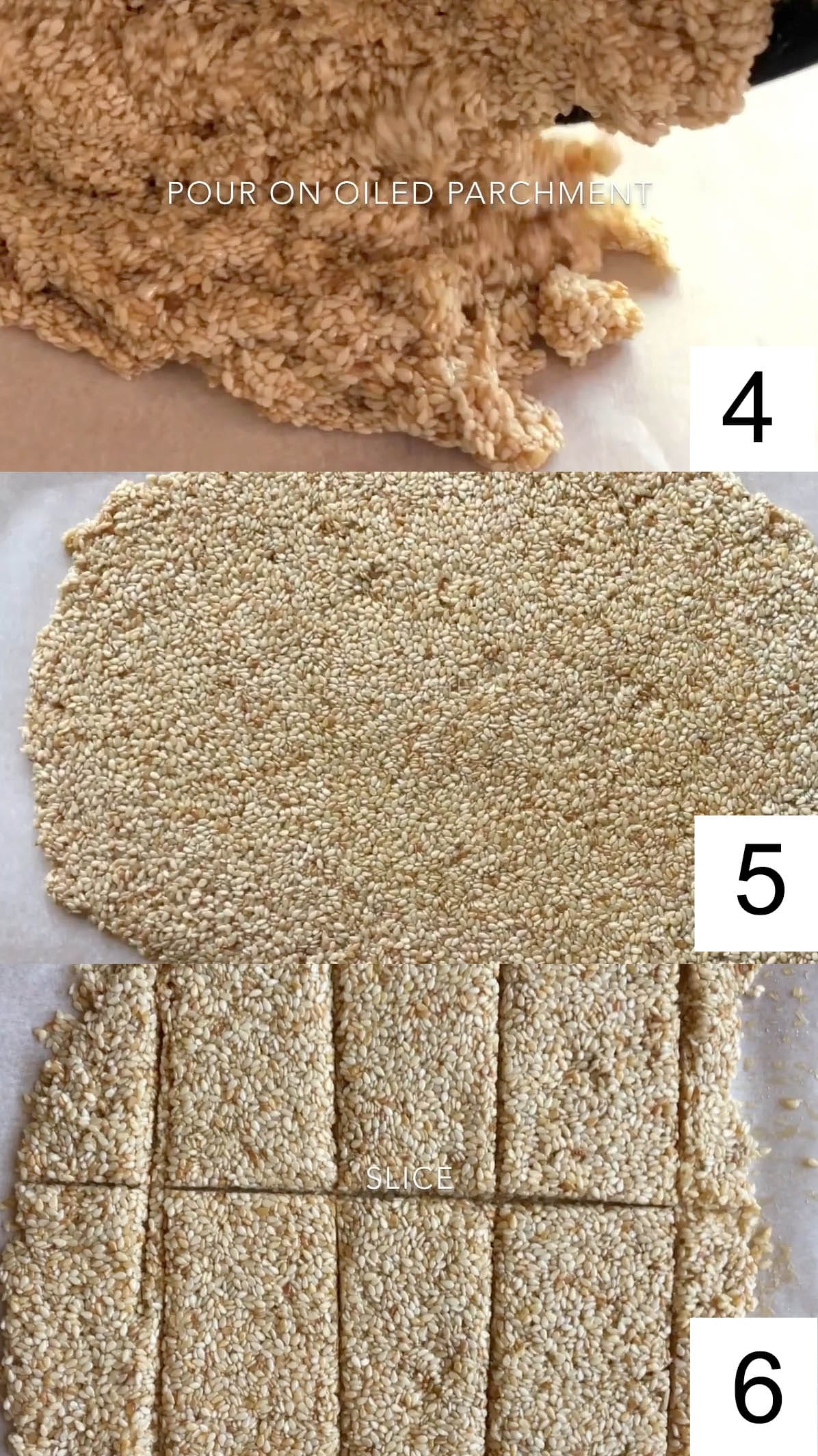Collage photo of sesame mixture being poured on parchment paper, then rolled out, then sliced.