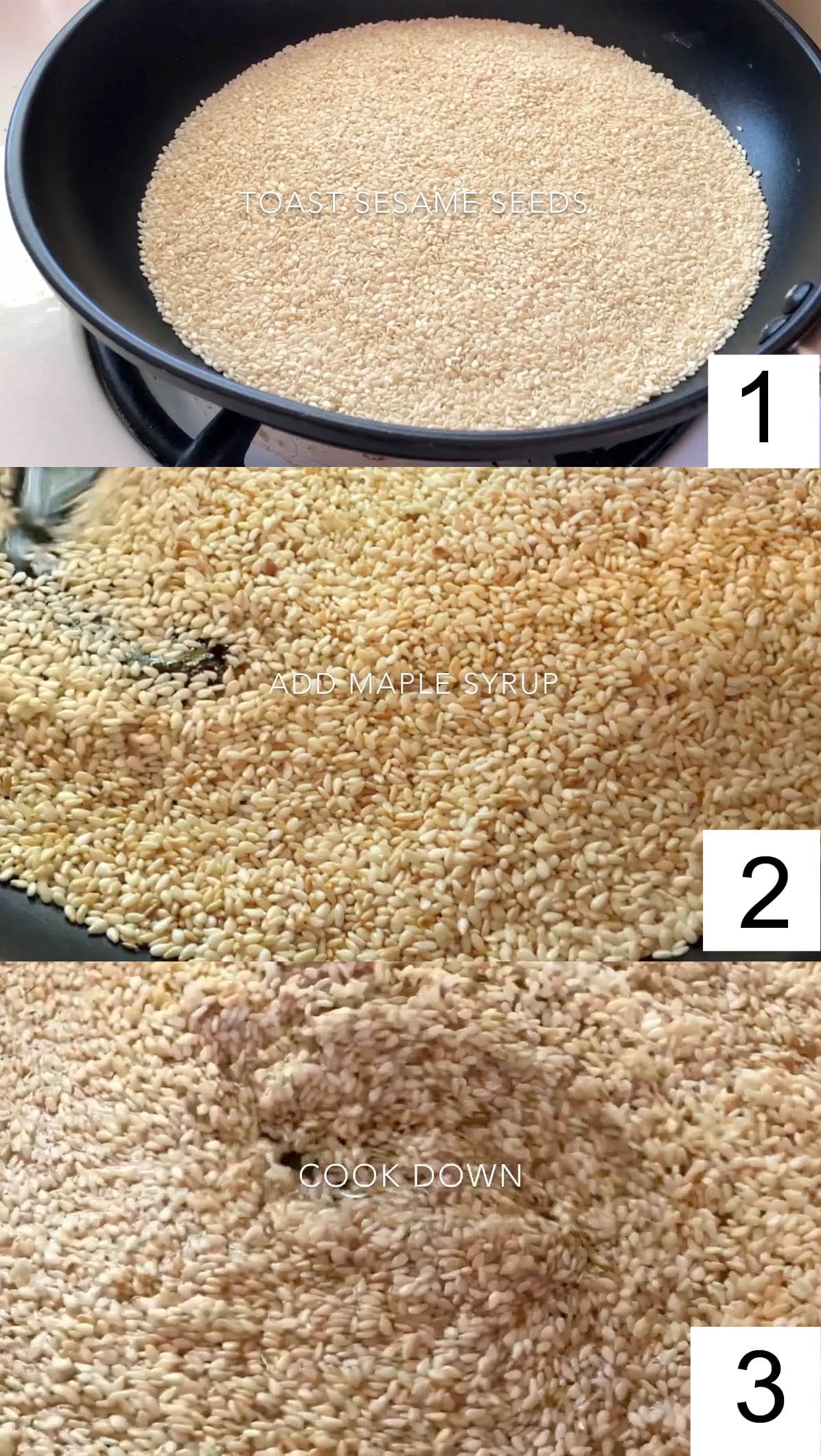 Collage photo of sesame seeds being toasted in a pan, then maple syrup added, and cooked down.