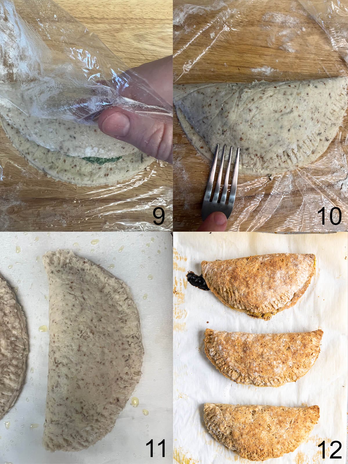 Collage with filled pizza dough being folded over, then sealed with fork, placed on a parchment paper lined baking sheet, then baked.
