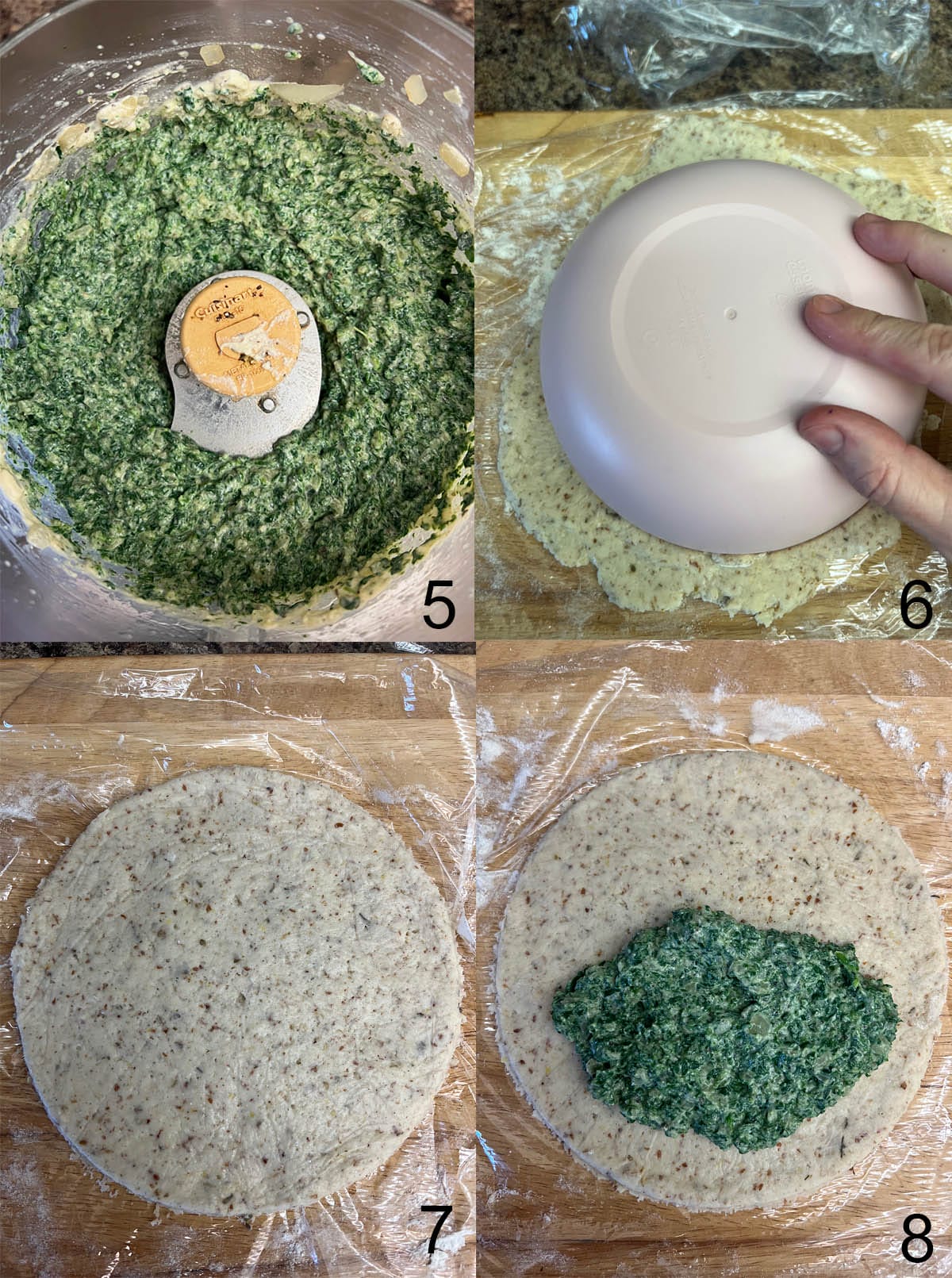 Collage of spinach mixture in food processor after mixing, pizza dough being cut with a bowl, and plastic removed, then spinach mixture put on top of dough.