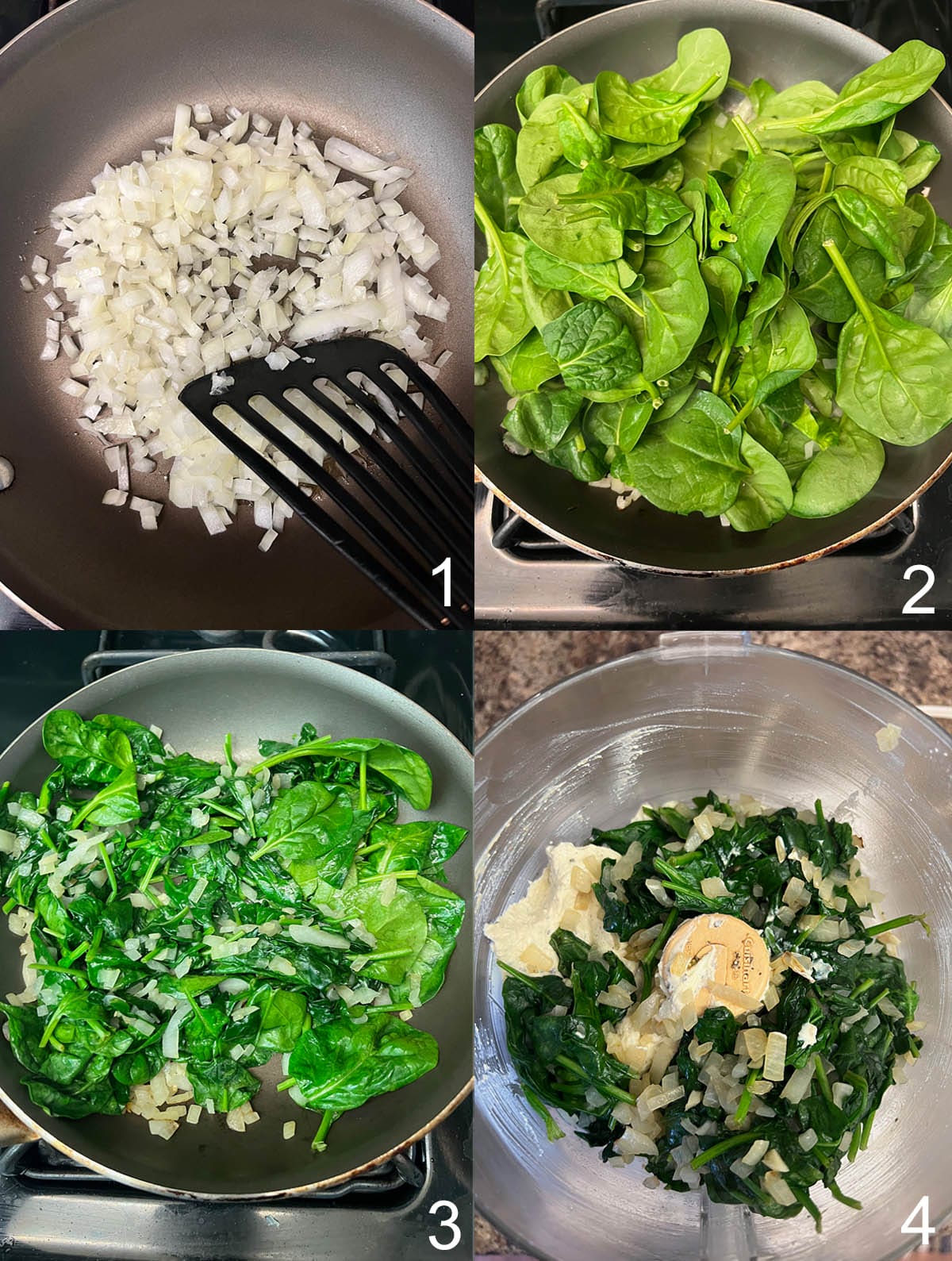 Collage of onions in a skillet, then spinach added and cooked down, last spinach mixture in a food processor.