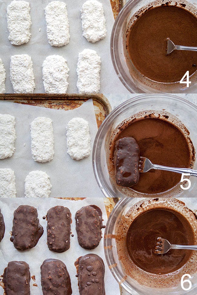 Collage offers  next  to bowl  of  chocolate  sauce, then bar dipped into  sauce, and all bars on a parchment lined tray.