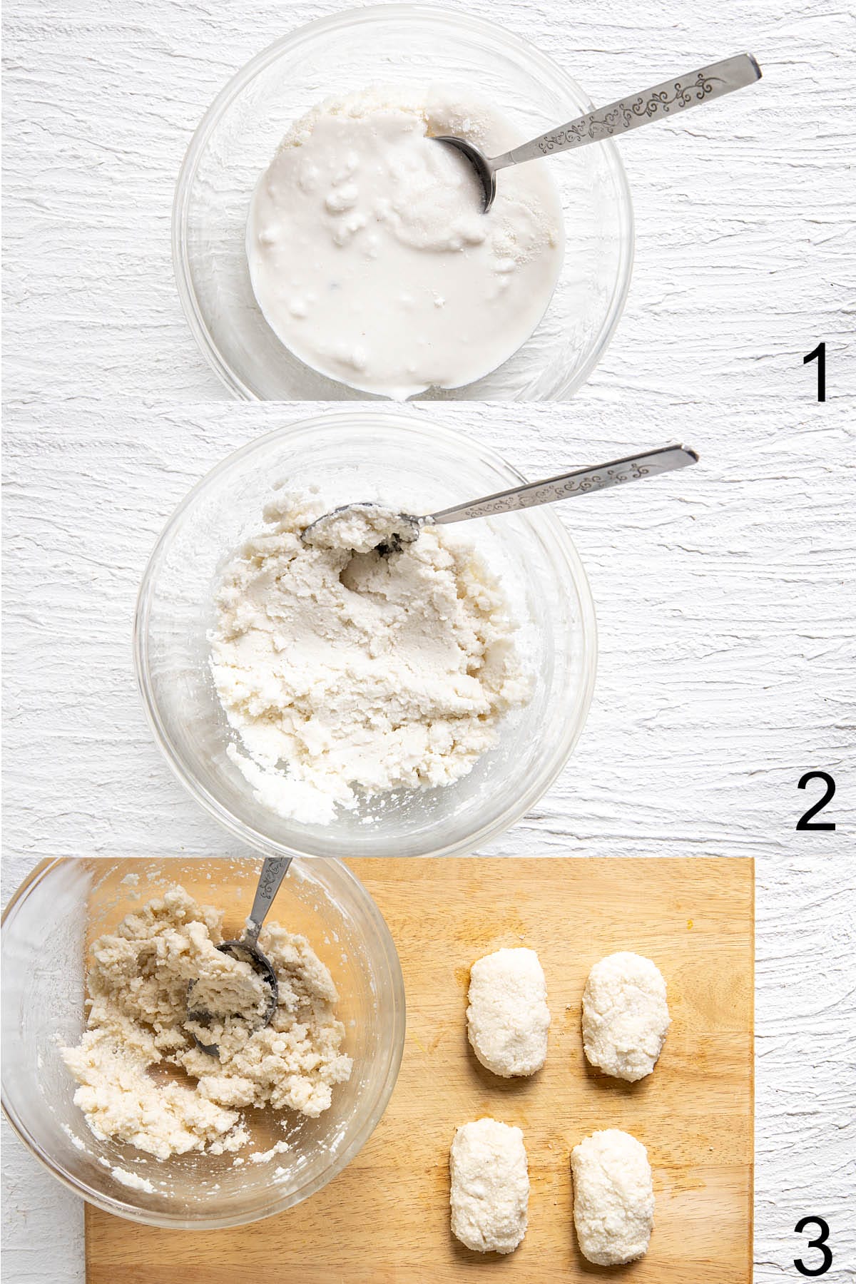 Collage of filling ingredients in a bowl with spoon, then mixed, then formed into bars on cutting board.