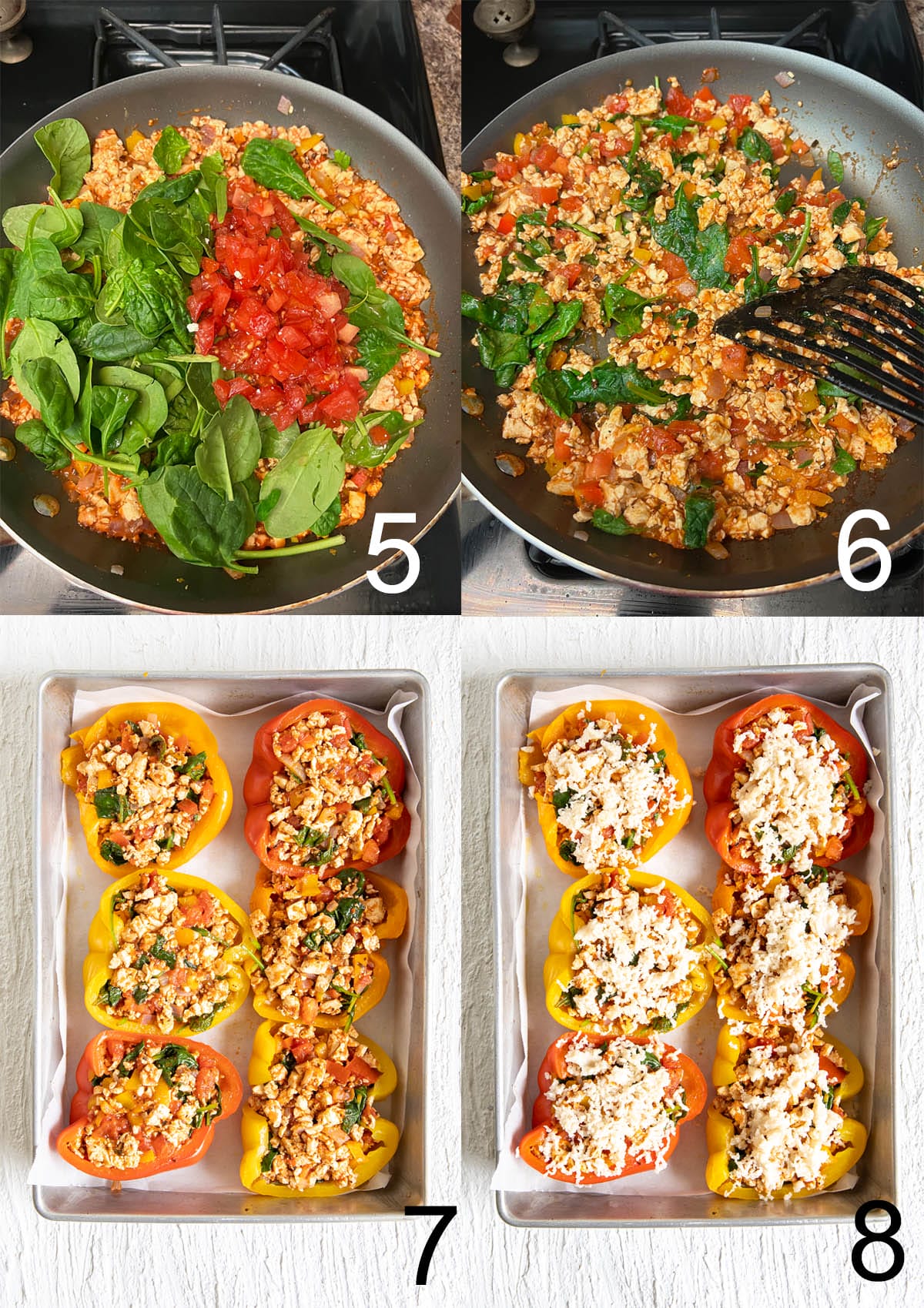 Collage photo with spinach added and cooked  down, then stuffed in peppers, and vegan mozzarella added.