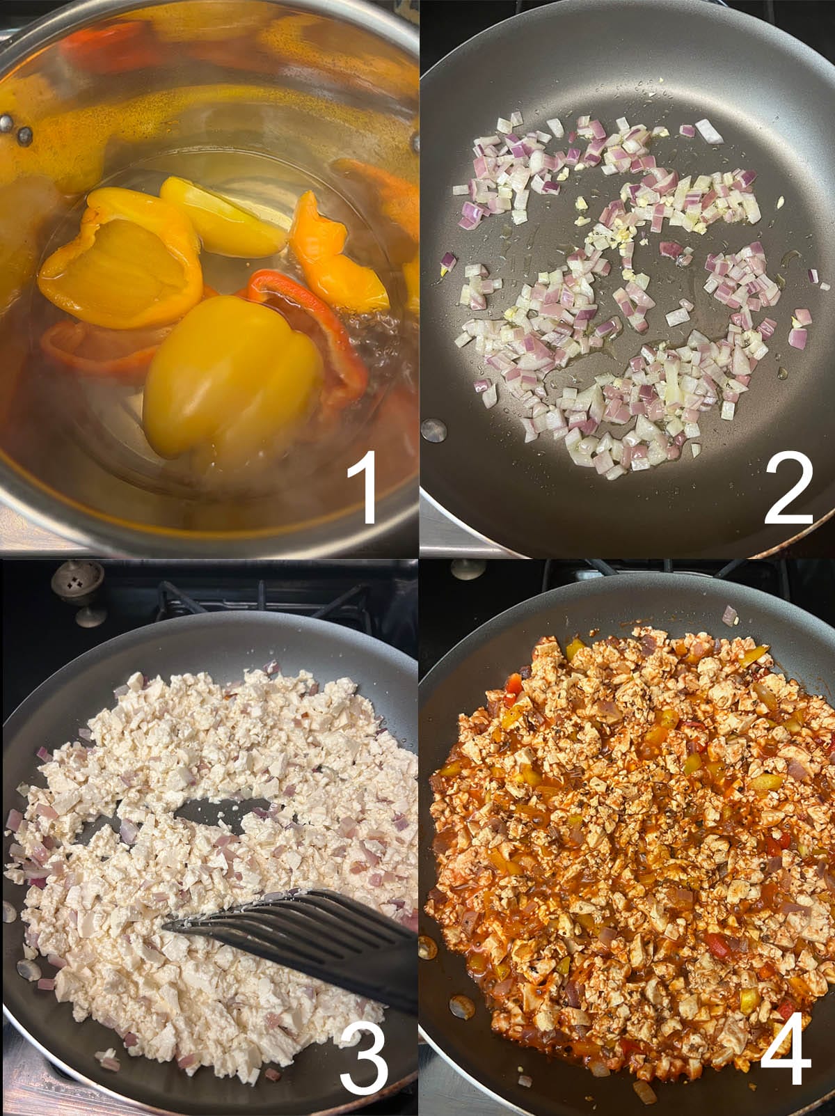 Collage of peppers in boiling water, onions in a skillet, then tofu added, and peppers, tomato sauce, and spices added.