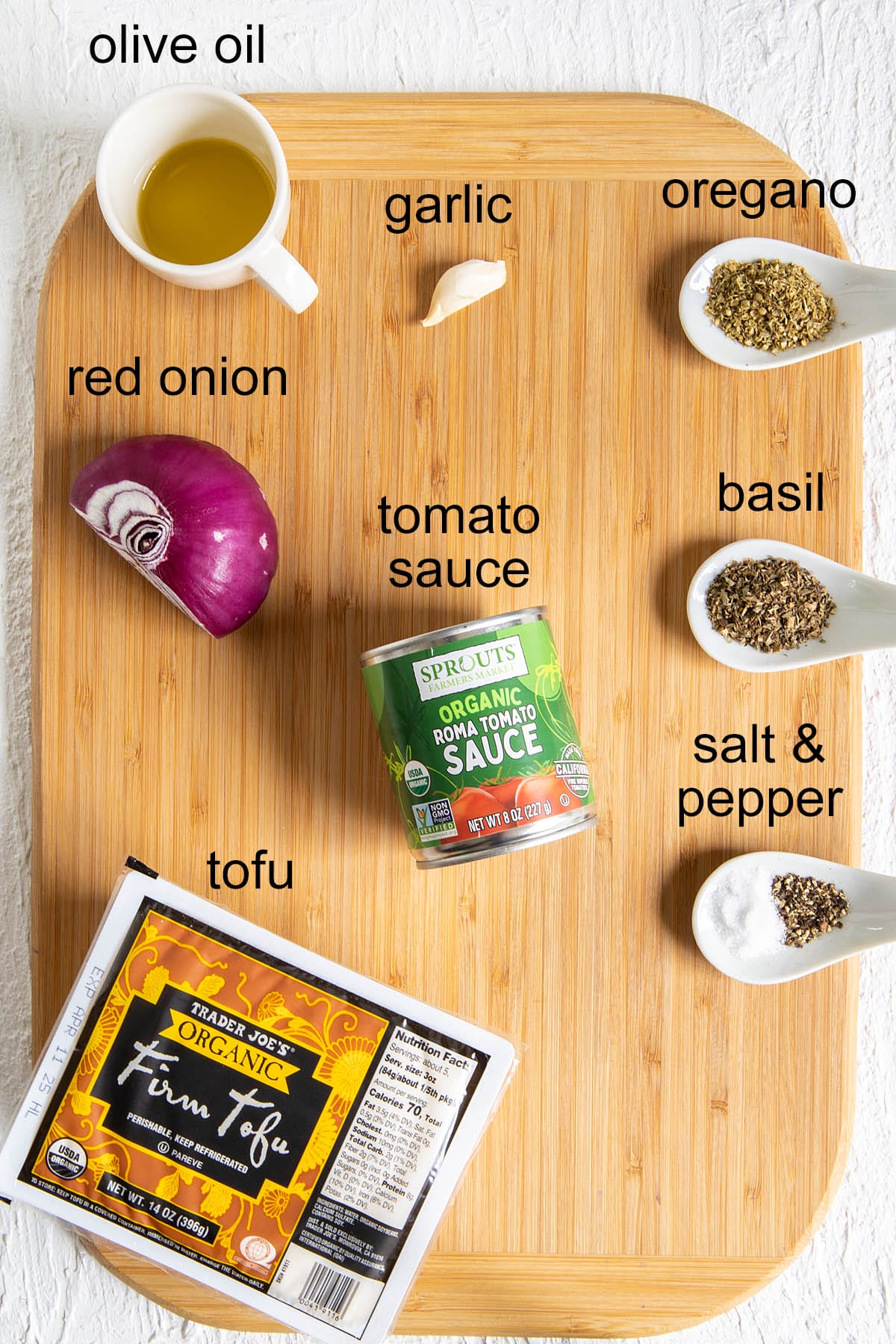 Ingredients on a cutting board with labels.