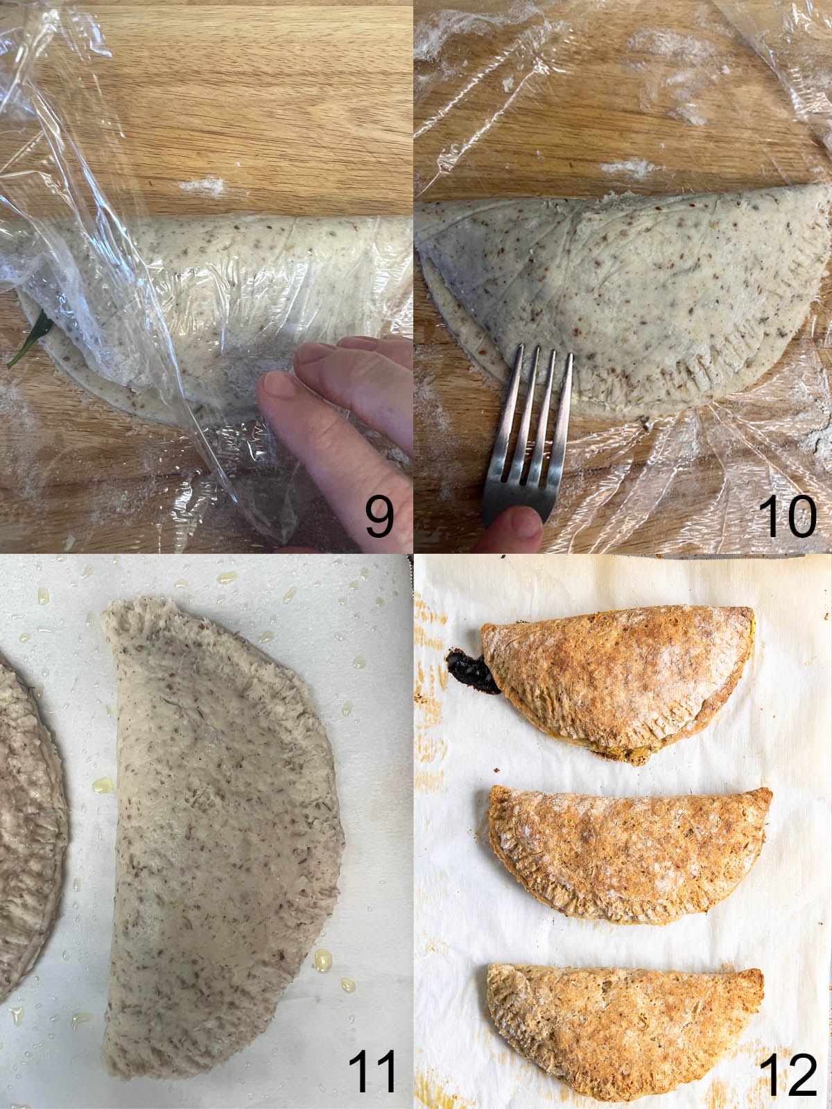Collage with filled pizza dough being folded over, then sealed with fork, placed on a parchment paper lined baking sheet, then baked.