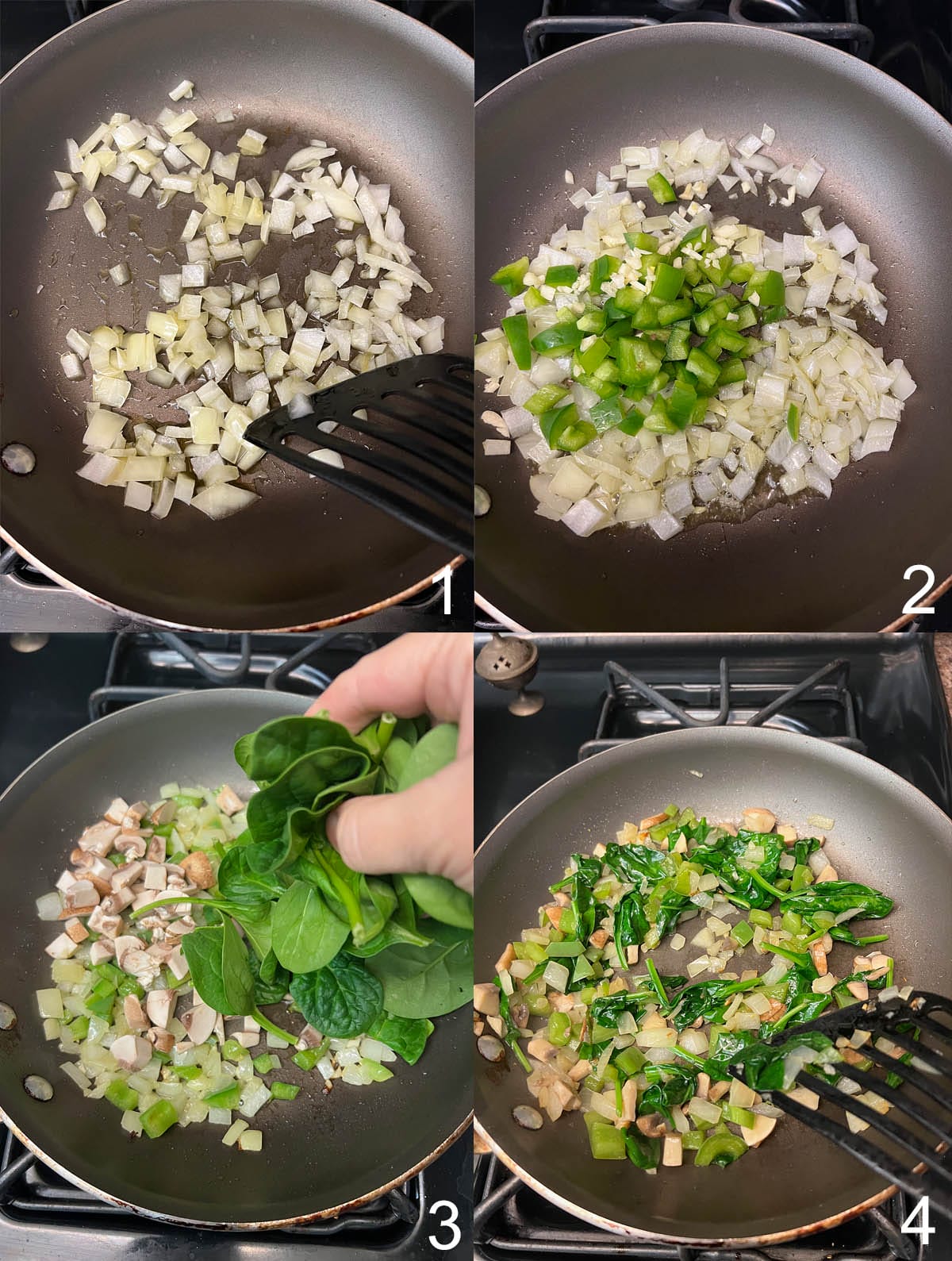 Collage of onions in a skillet, then green  pepper added, next mushroom s and spinach added, then cooked down.