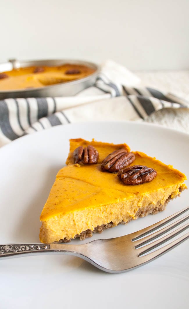 Vegan Pumpkin Cheesecake slice close up with fork.