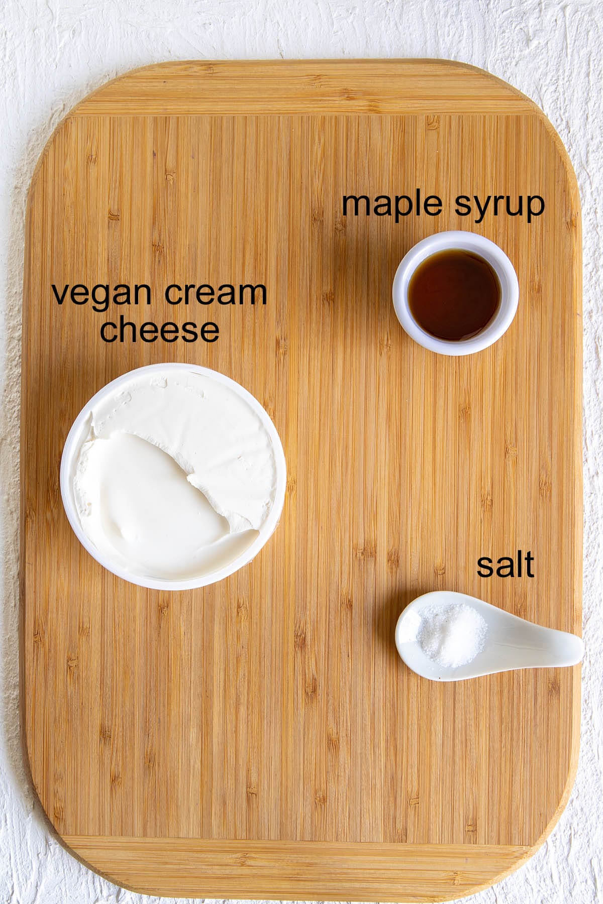 Ingredients on a cutting board with labels.