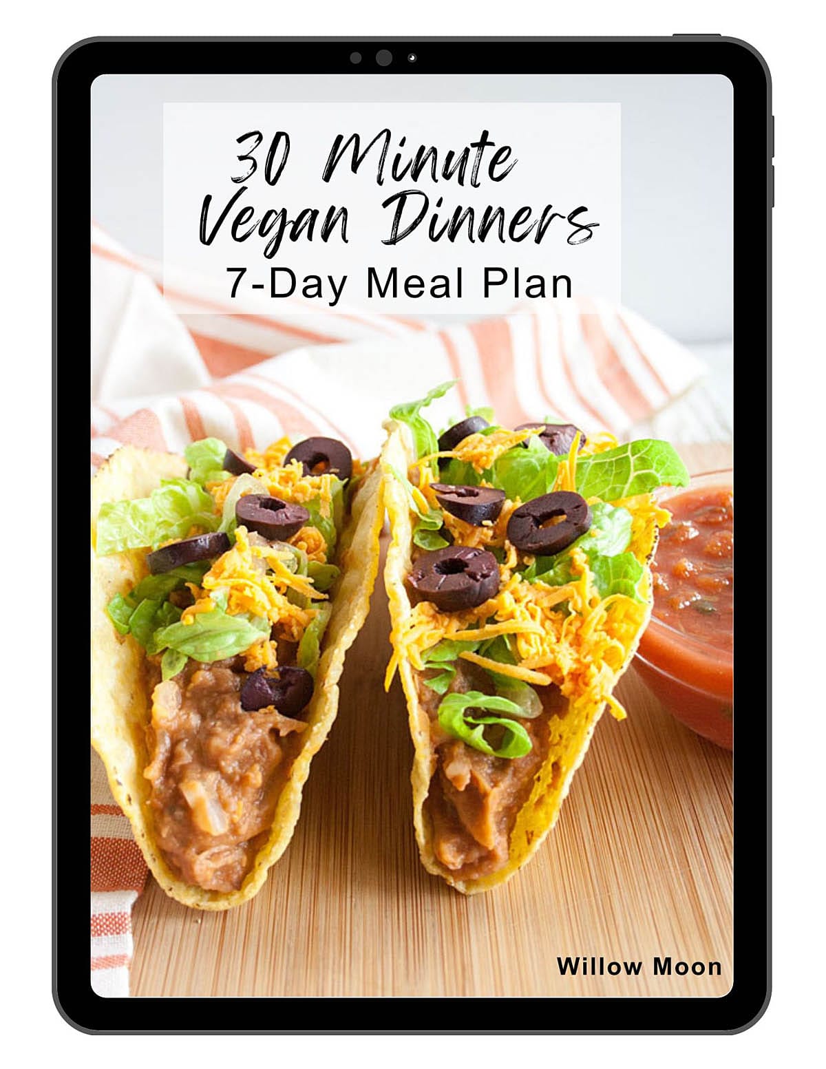 30 Minute Vegan Dinners 7-Day Meal Plan on a tablet.
