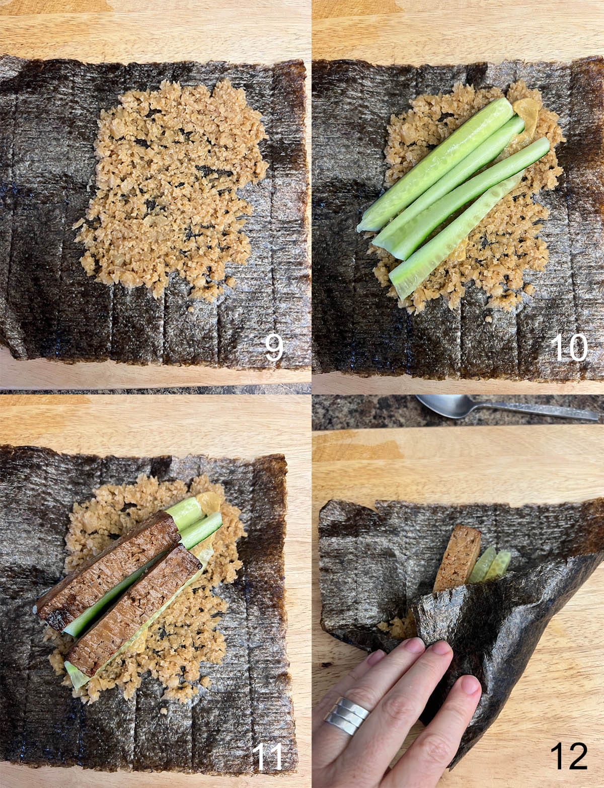 Collage of cauliflower rice on nori sheet, then  sliced cucumber added, then tofu strips added, and last being rolled.