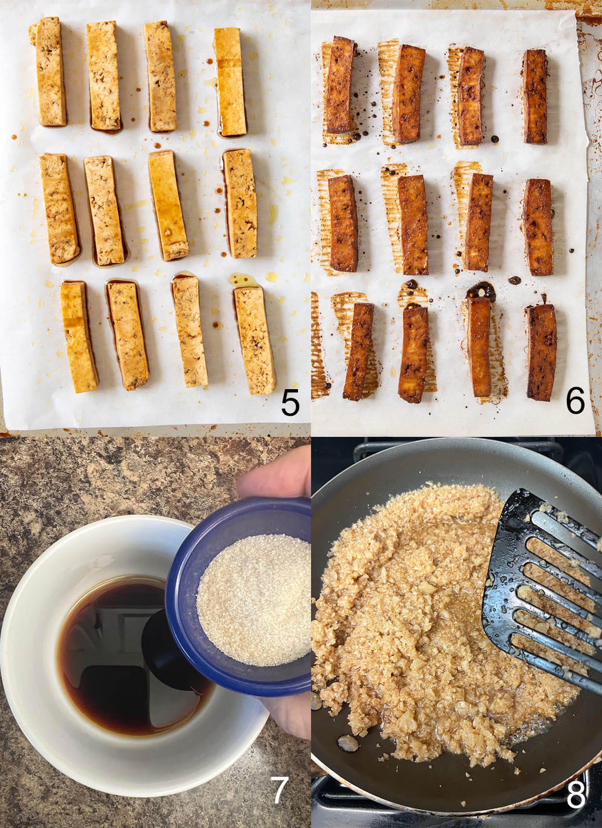 Collage of tofu on a baking sheet before and after baking, then sauce in a bowl and cauliflower rice in a skillet.