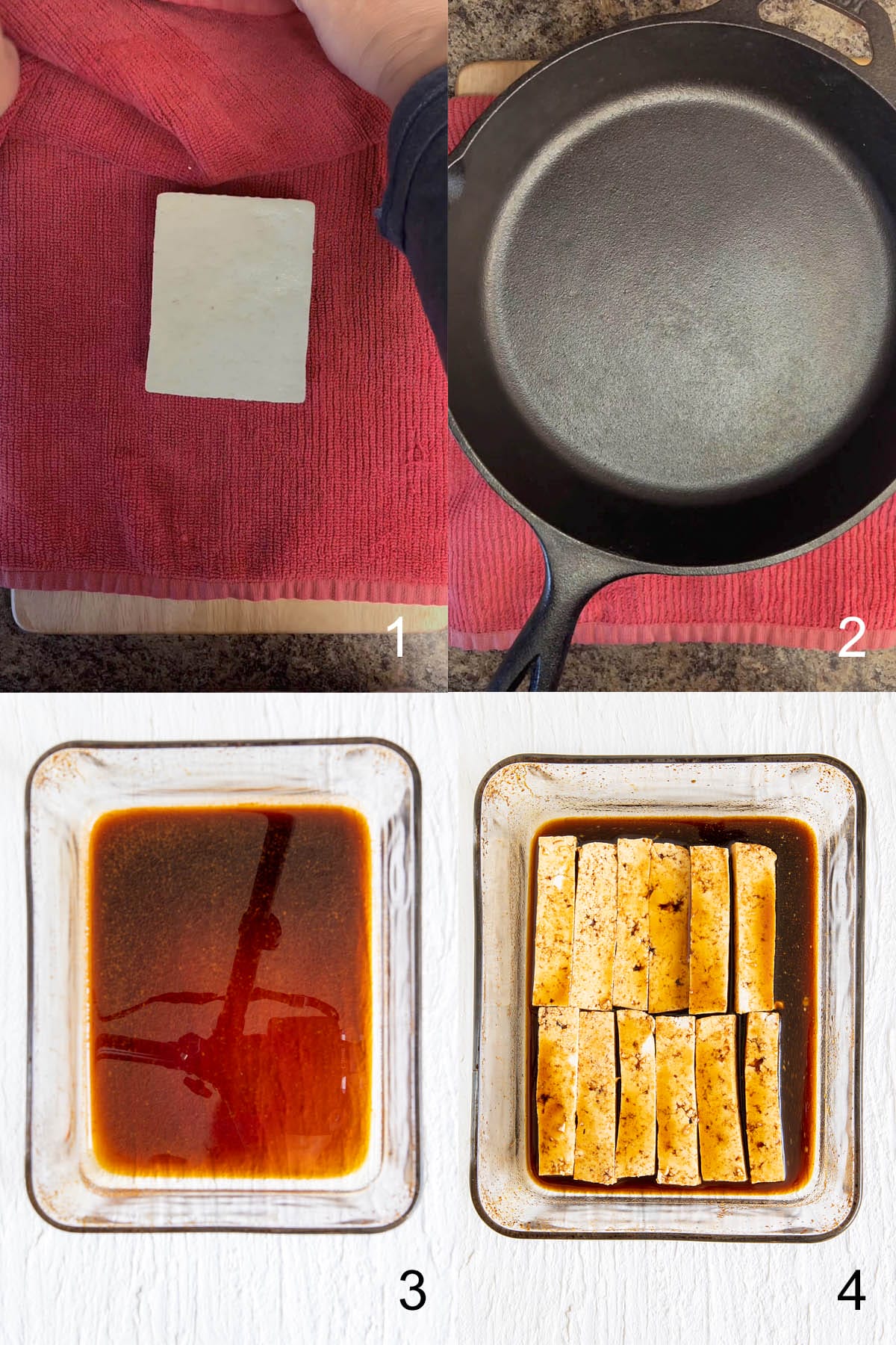Collage of tofu on a towel, then getting pressed with a skillet. Next, baking dish with marinade, and tofu strips in the marinade.