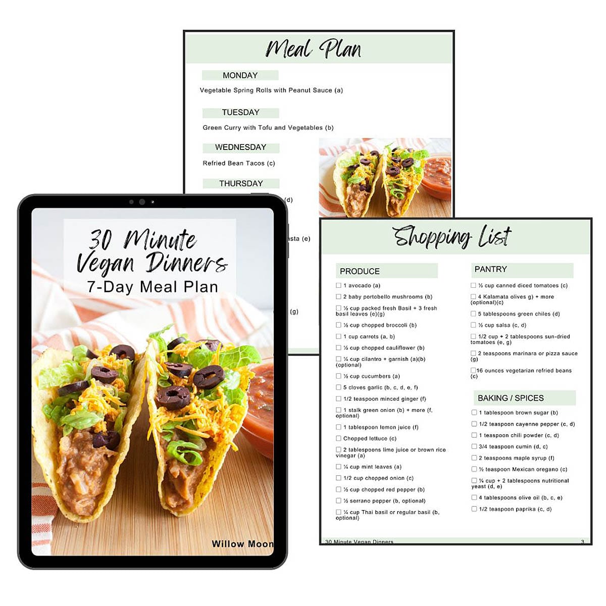 30 Minute Vegan Dinners 7-Day Meal Plan on a tablet with two pages.