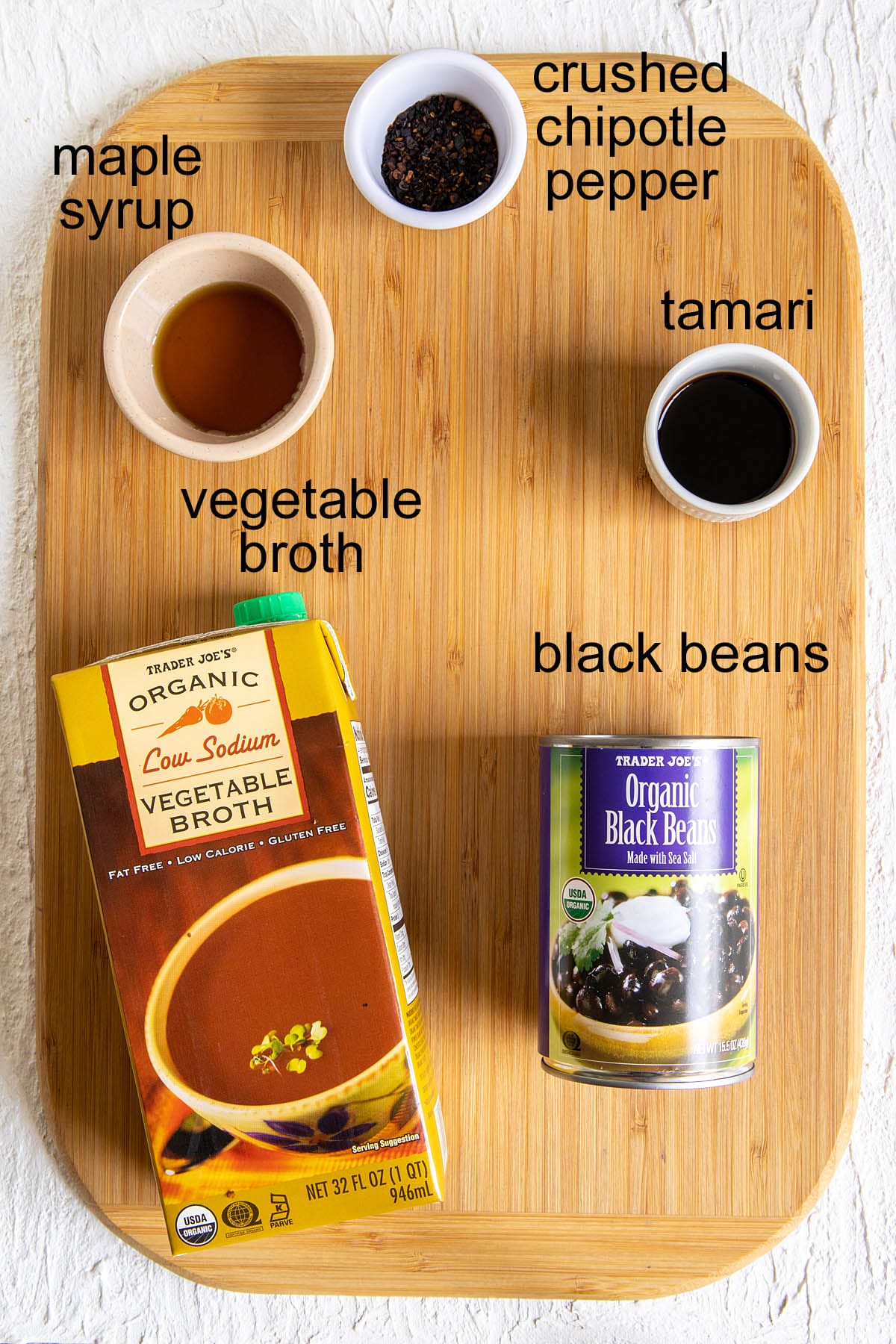 Ingredients on a cutting board with labels.