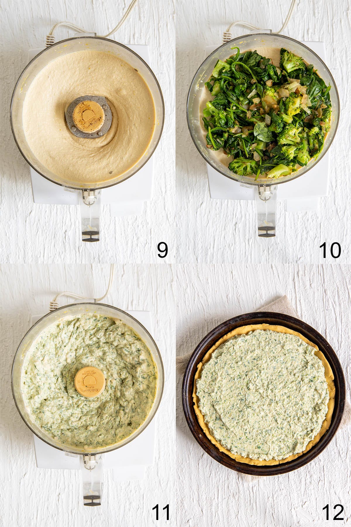 Collage of food processor with tofu mixture, then cooked spinach and broccoli mixture adde, then blended, then spread over quiche crust.