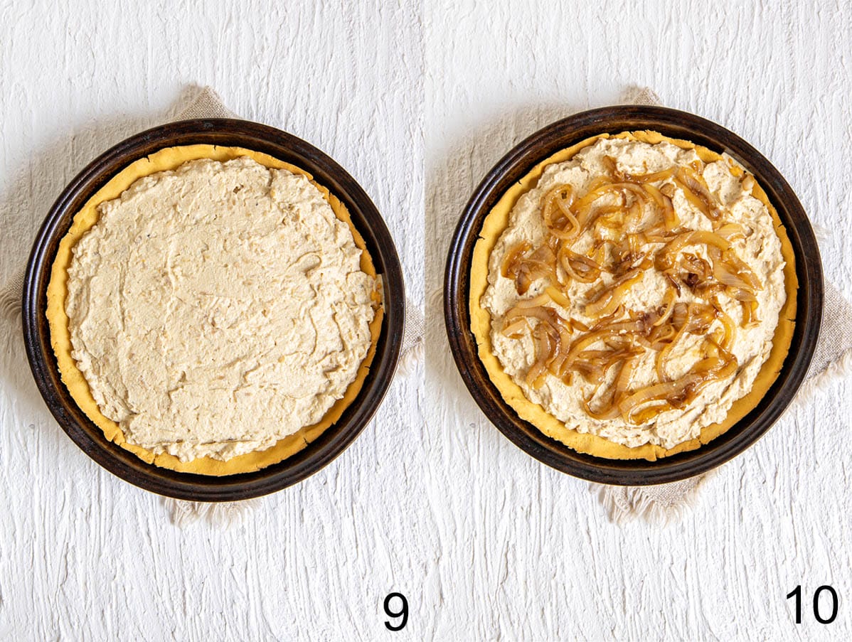 Collage photo of quiche in pie pan before and after sprinkling caramelized onions on top.