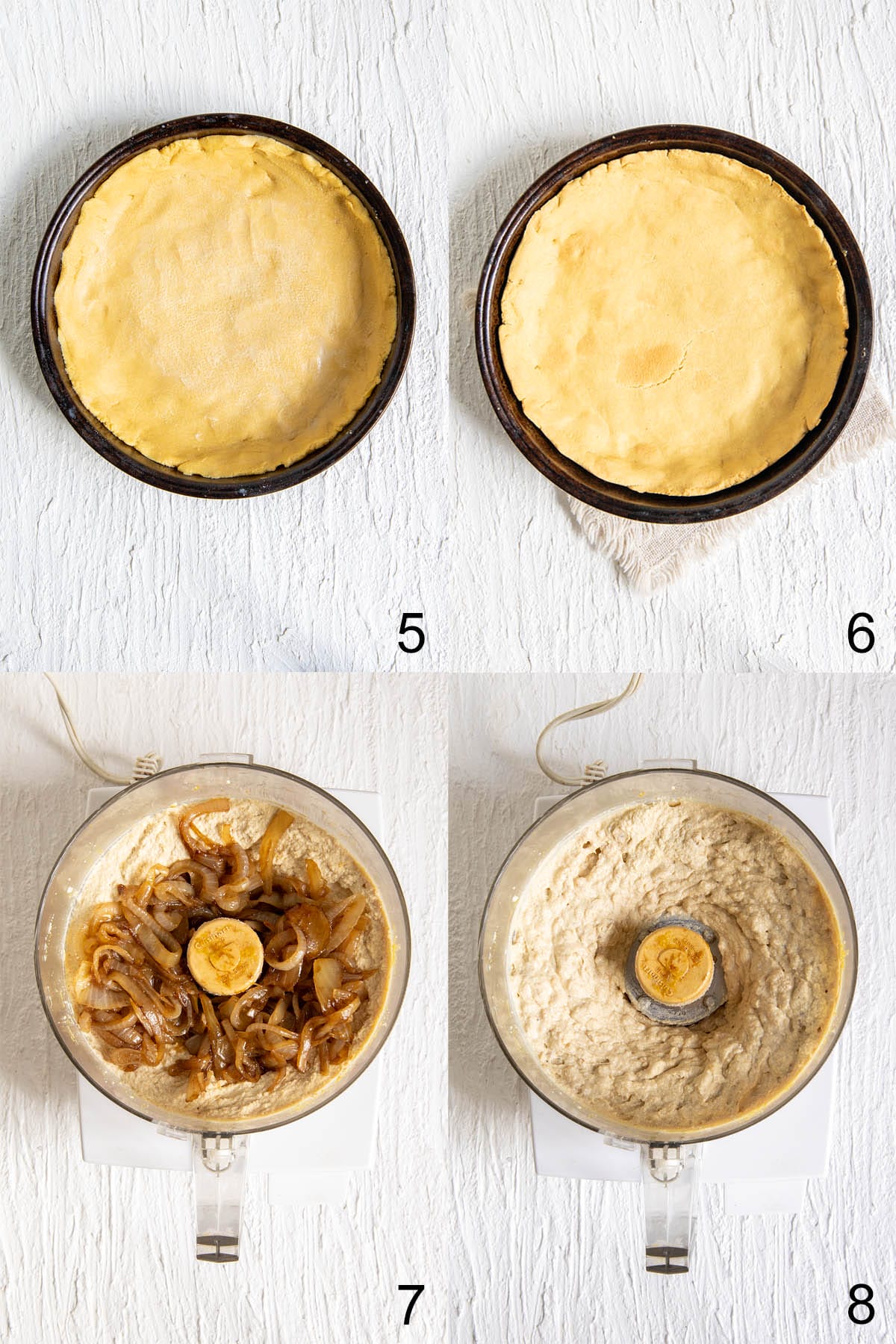 Collage photo of pie crust in a pan, then baked, next filling ingredients in a food processor, then blended.