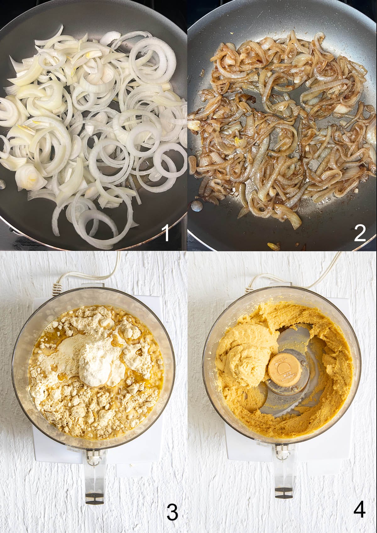 Collage photos with sliced onions in a pan, then cooked until caramelized, next crust ingredients in a food processor, then blended.