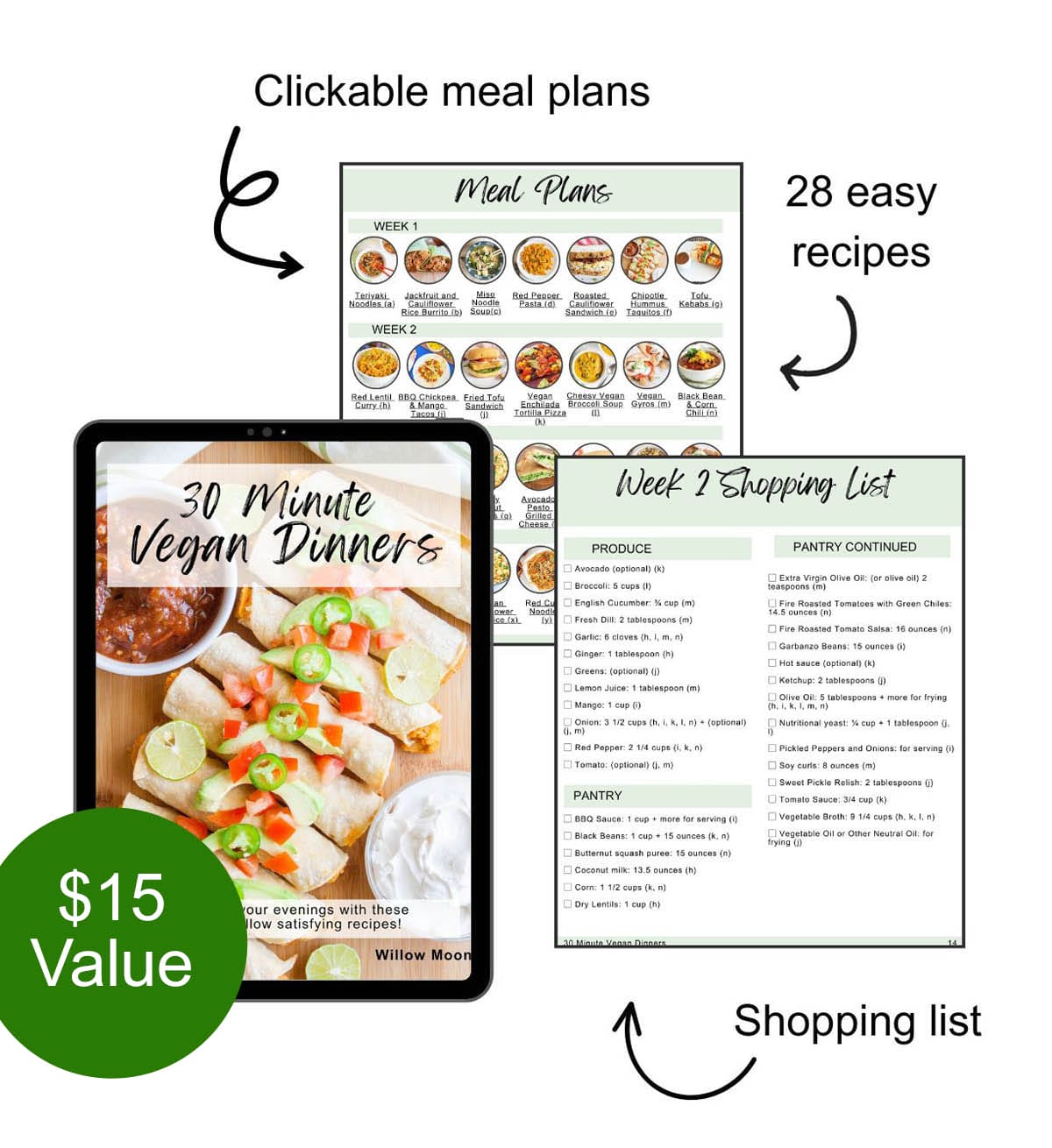 Ebook cover on a tablet, meal plan page and shopping list page. Text that reads, "clickable meal plans, 28 easy recipes, shopping list, and $15 value".