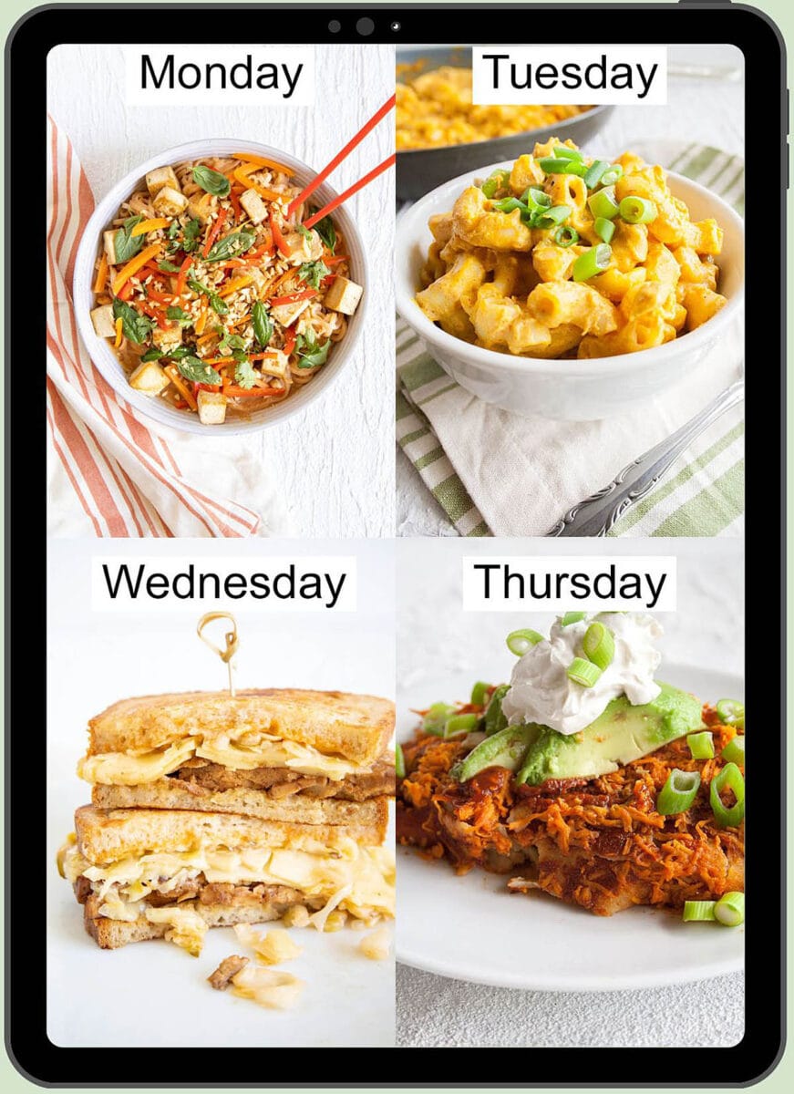 Meal plan on an iPad with weekdays listed.