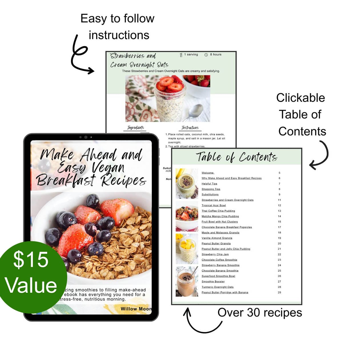 Breakfast ebook cover on a tablet with photos of table of contents and a recipe. Text that reads, "easy nofollow instructions, clickable table of contents, over 30 recipes. and  $15 value".