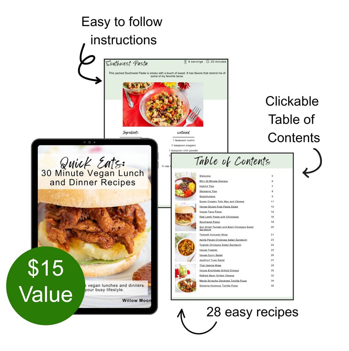 Lunch and dinner ebook cover on a tablet with photos of table of contents and a recipe. Text that reads, "easy nofollow instructions, clickable table of contents, 28 recipes, and $15 value".