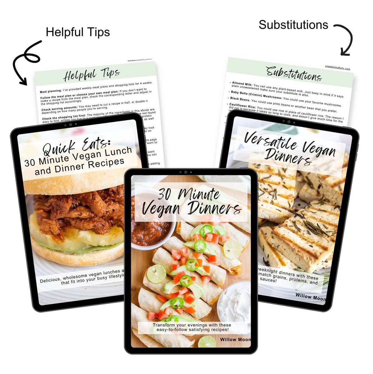 Vegan Made Easy Bundle mockup with 3 ebook covers and 2 pages.The text reads, "helpful tips and substitutions".