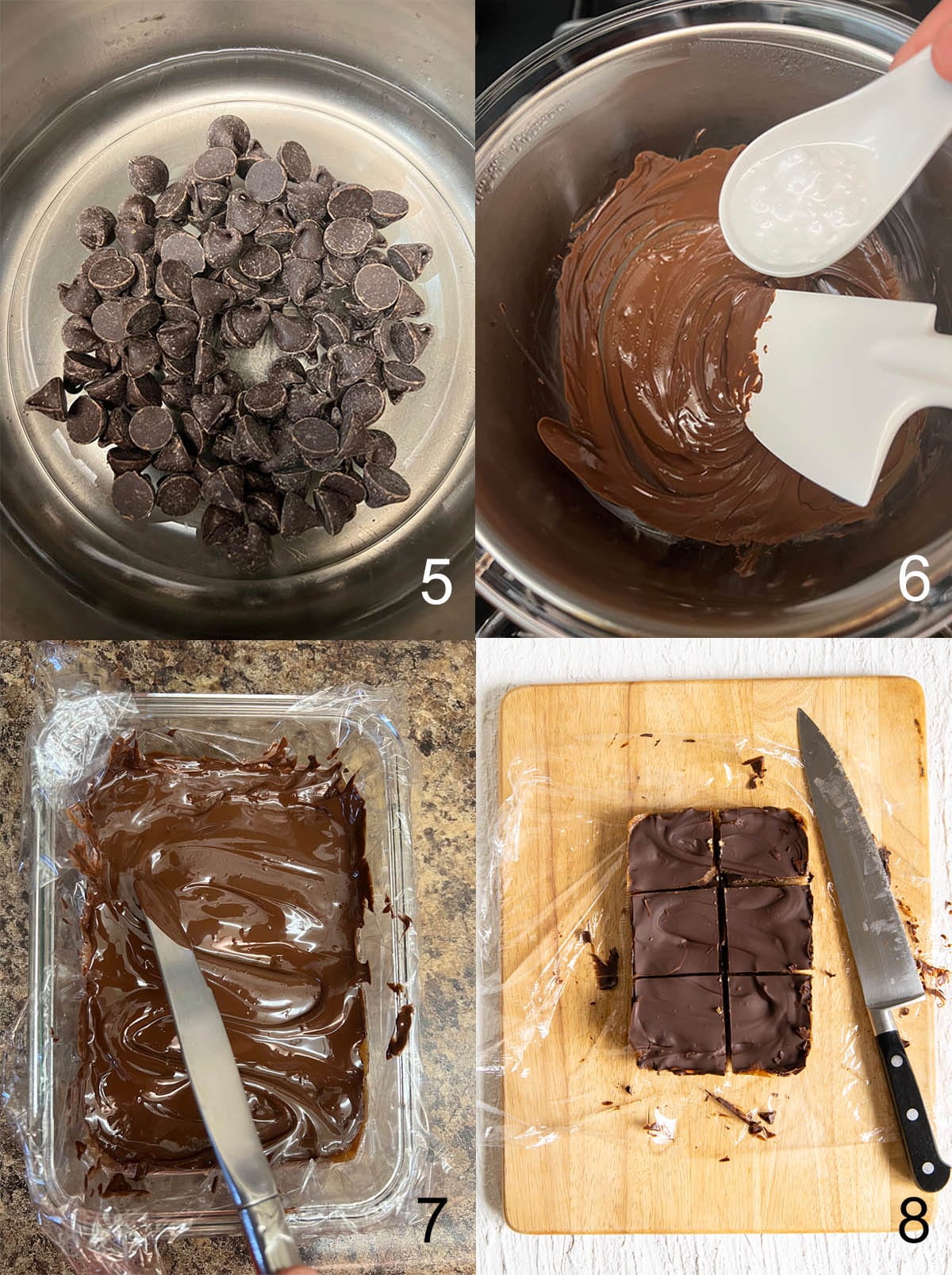 Collage photo of chocolate chips in a bowl over water in a saucepan, then melted. Next, the melted chocolate poured over the filling layer in a glass dish, then sliced after solidifying in the fridge.
