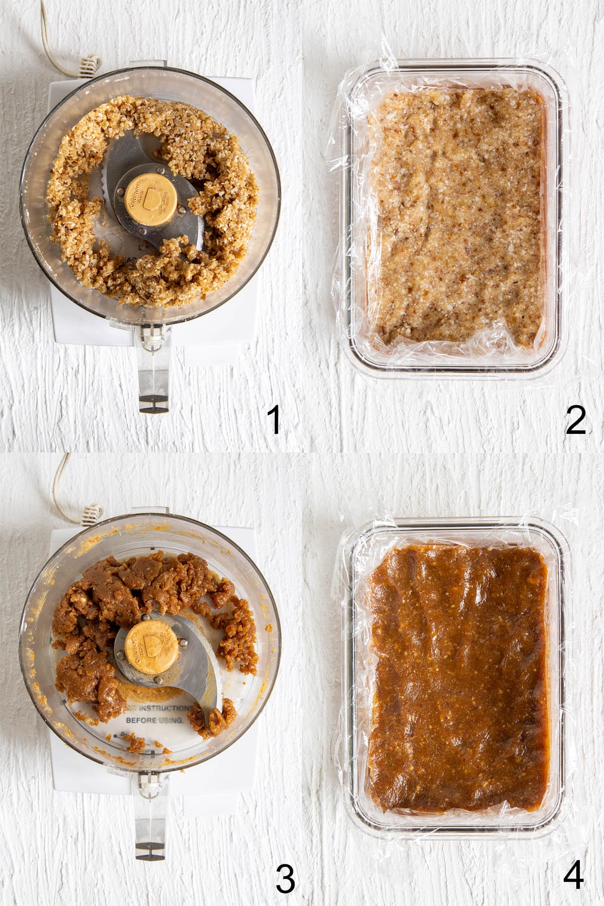 Collage photo of crust ingredients in a food processor, then packed in a glass dish. Next, filling ingredients in a food processor, then  packed in a glass dish.