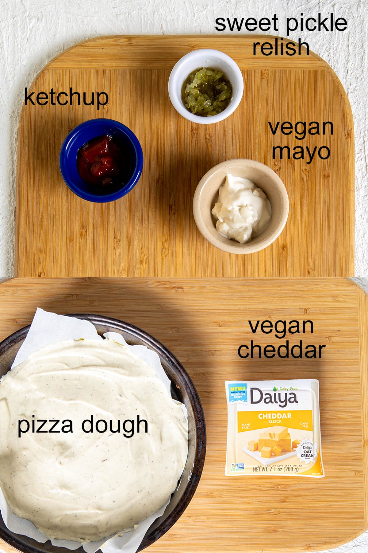 Ingredients on a cutting board with labels.